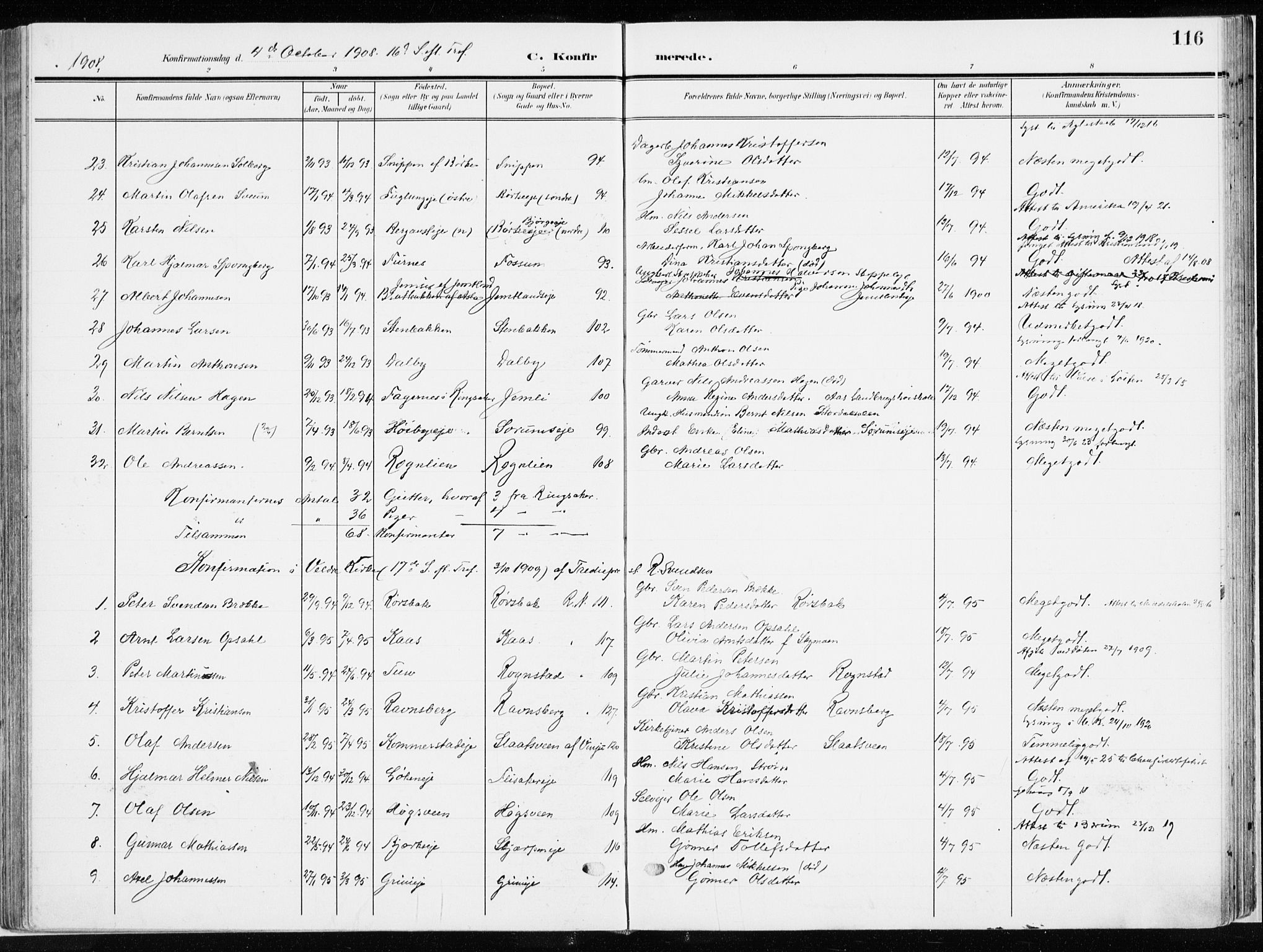 Ringsaker prestekontor, AV/SAH-PREST-014/K/Ka/L0019: Parish register (official) no. 19, 1905-1920, p. 116
