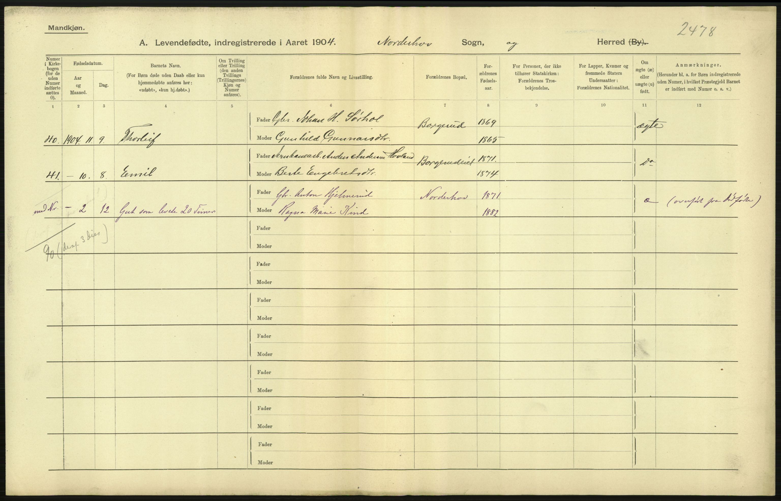 Statistisk sentralbyrå, Sosiodemografiske emner, Befolkning, AV/RA-S-2228/D/Df/Dfa/Dfab/L0007: Buskerud amt: Fødte, gifte, døde, 1904, p. 11