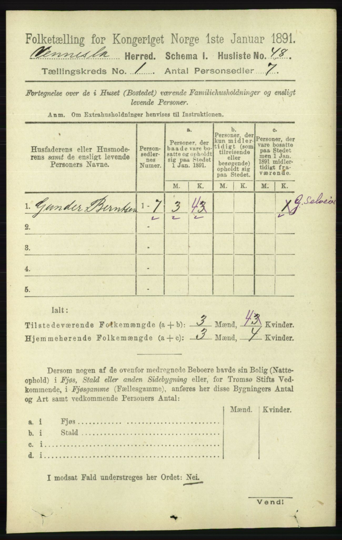 RA, 1891 census for 1014 Vennesla, 1891, p. 65