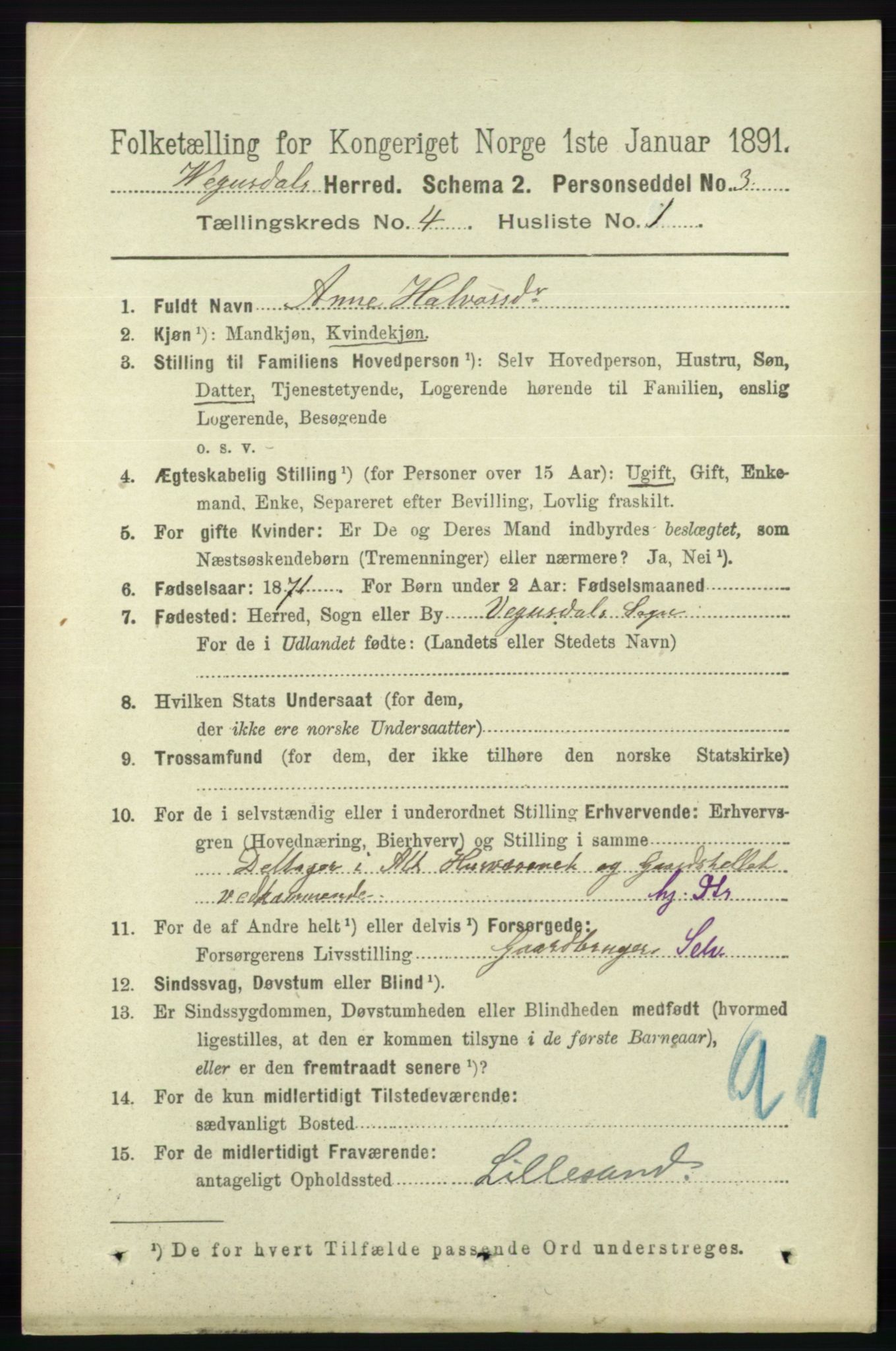 RA, 1891 census for 0934 Vegusdal, 1891, p. 713