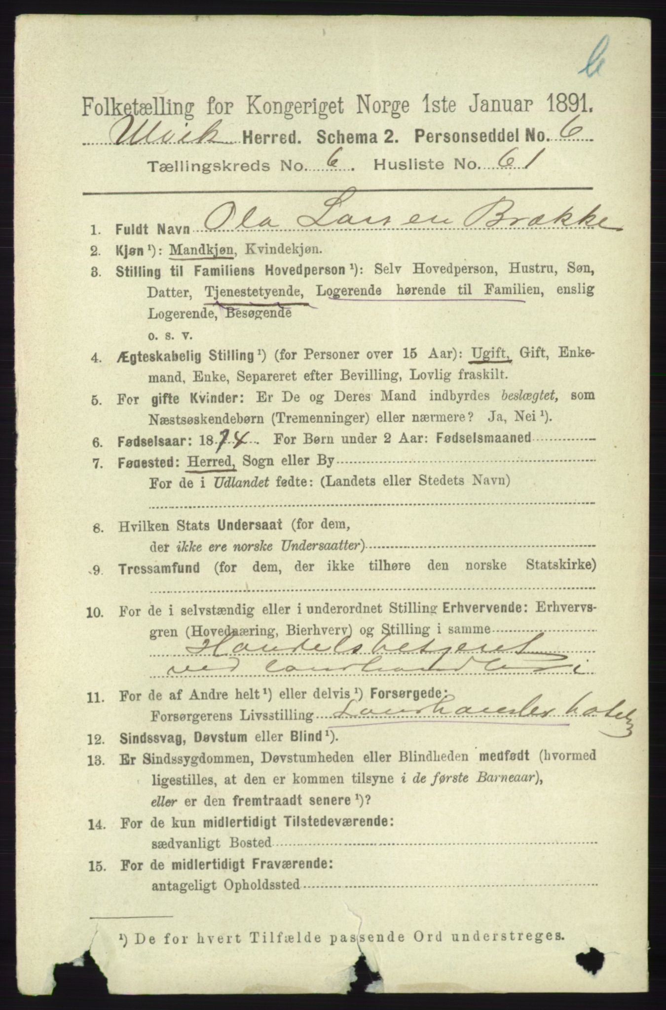RA, 1891 census for 1233 Ulvik, 1891, p. 2223