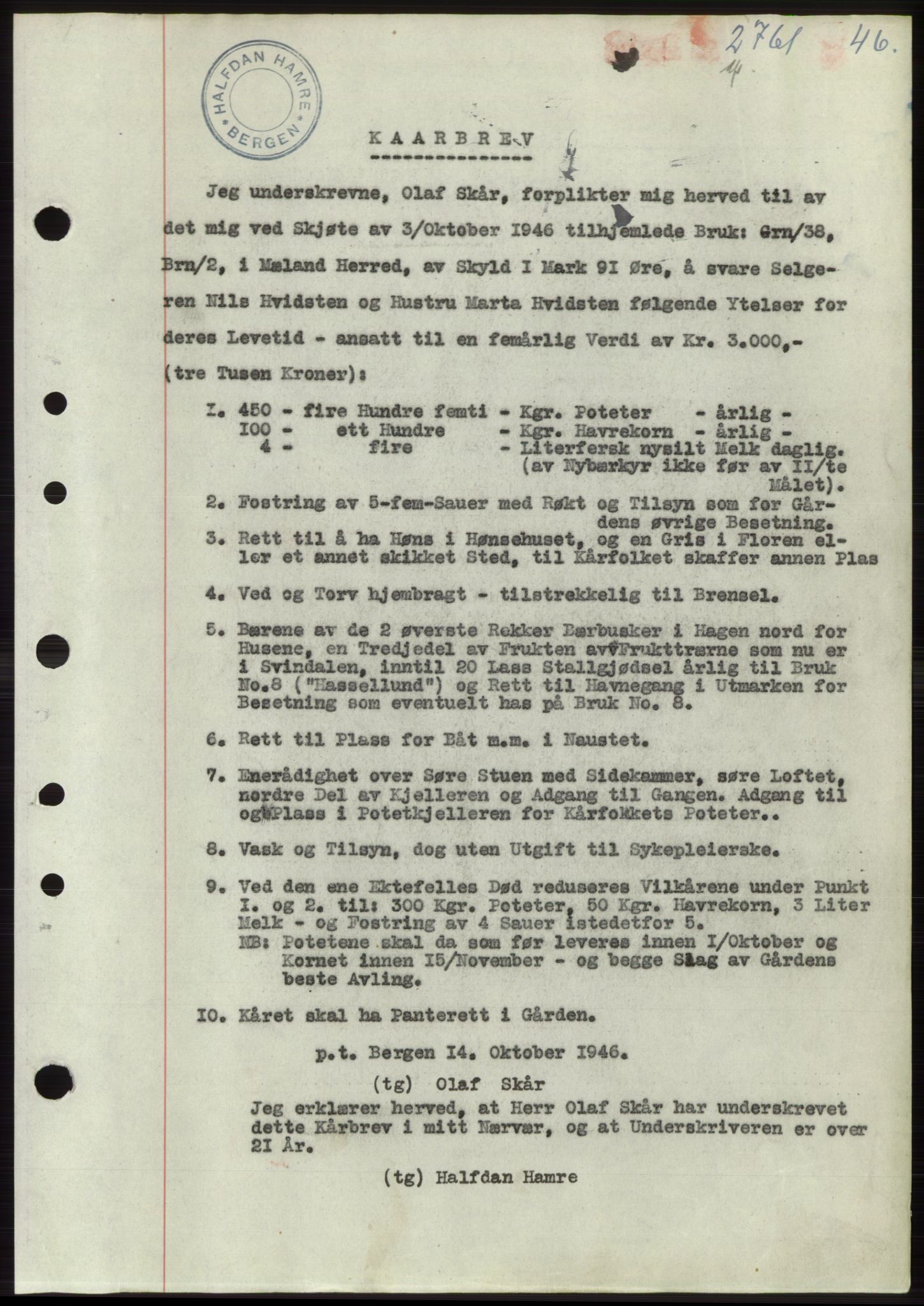 Nordhordland sorenskrivar, AV/SAB-A-2901/1/G/Gb/Gbj/L0008: Mortgage book no. B13-14, 1946-1947, Diary no: : 2761/1946