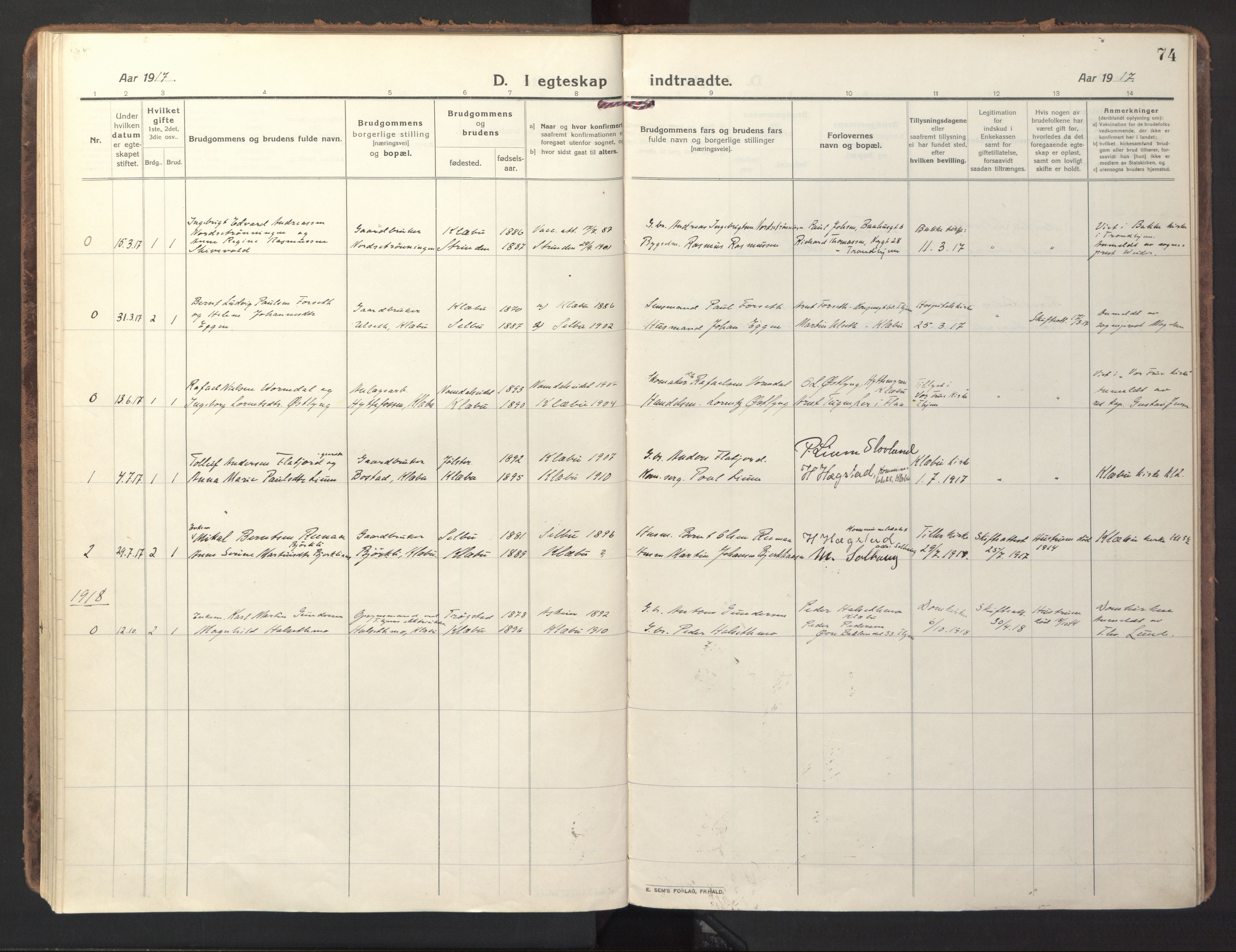 Ministerialprotokoller, klokkerbøker og fødselsregistre - Sør-Trøndelag, SAT/A-1456/618/L0449: Parish register (official) no. 618A12, 1917-1924, p. 74