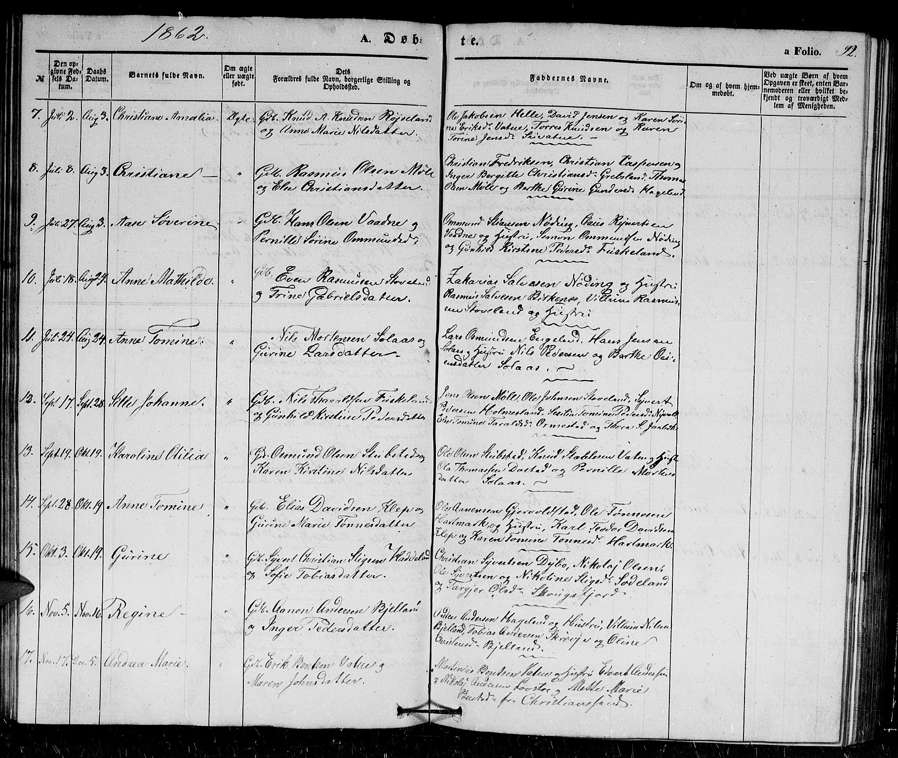 Holum sokneprestkontor, SAK/1111-0022/F/Fb/Fba/L0003: Parish register (copy) no. B 3, 1850-1866, p. 92