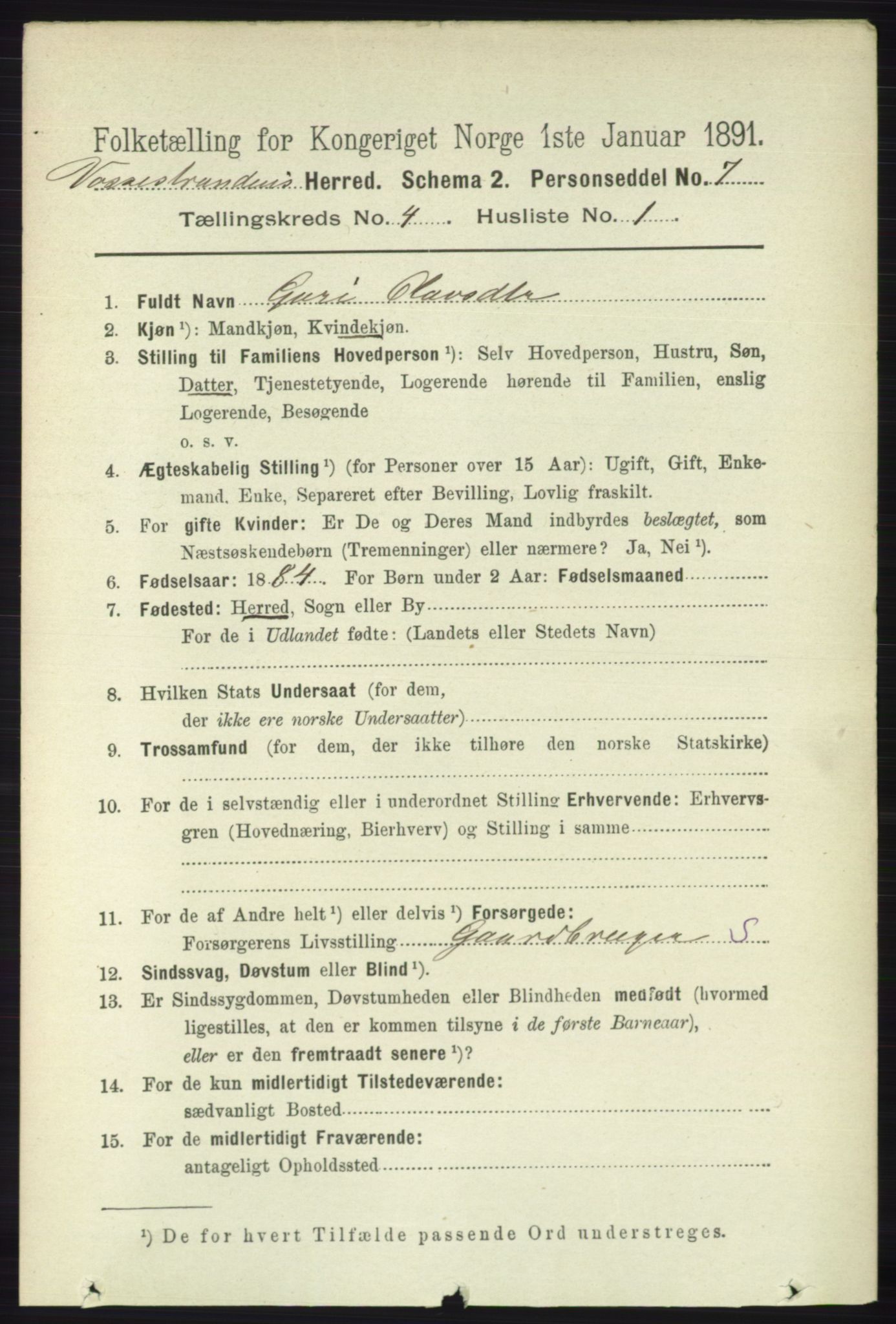 RA, 1891 census for 1236 Vossestrand, 1891, p. 1531