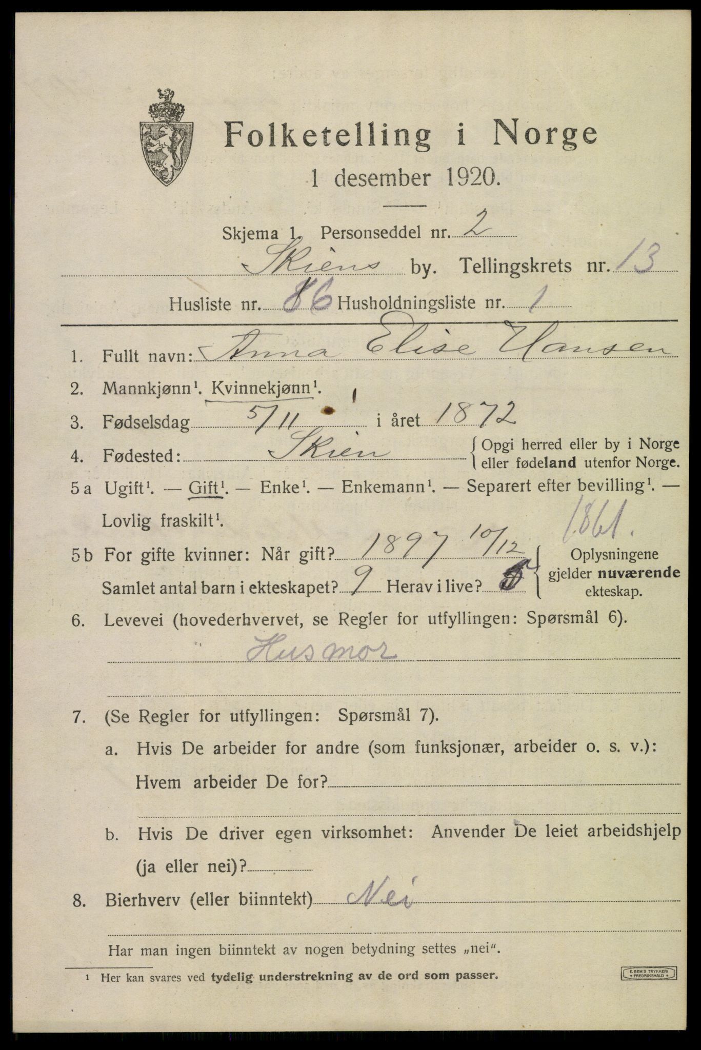 SAKO, 1920 census for Skien, 1920, p. 41018