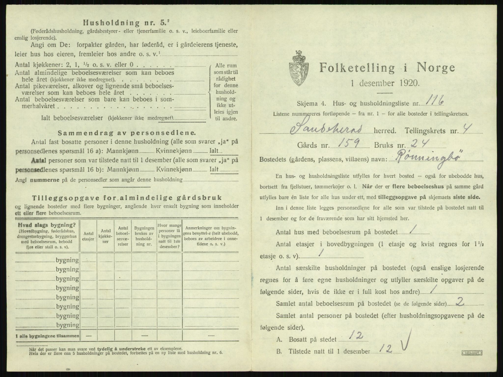 SAKO, 1920 census for Sandeherred, 1920, p. 864