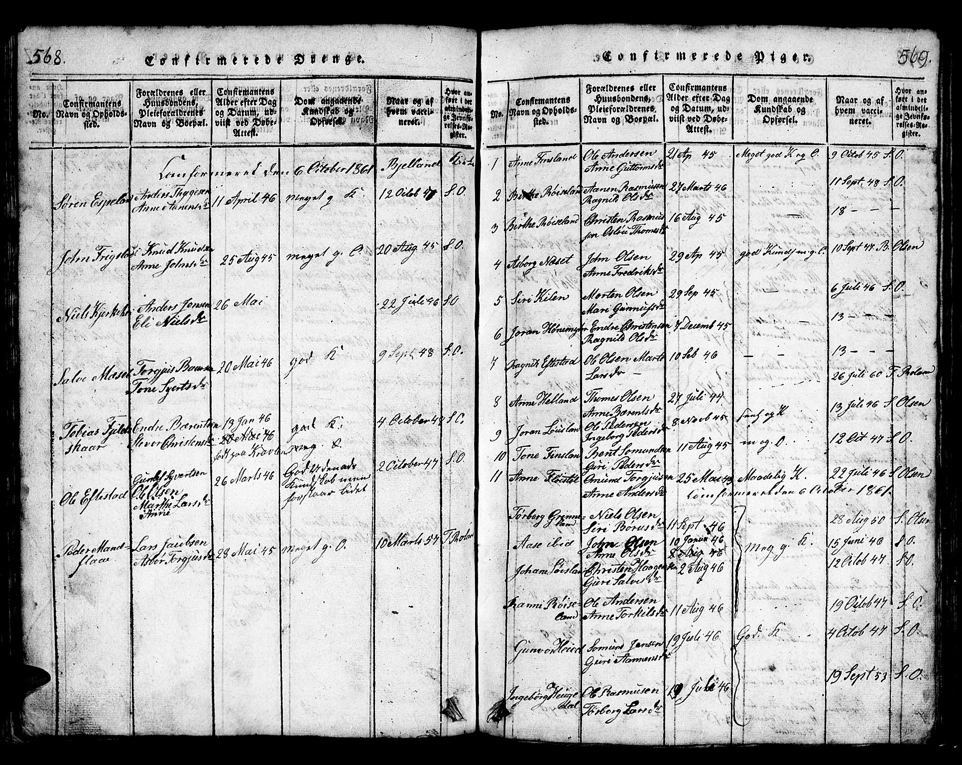 Bjelland sokneprestkontor, SAK/1111-0005/F/Fb/Fbb/L0003: Parish register (copy) no. B 3, 1816-1868, p. 568-569