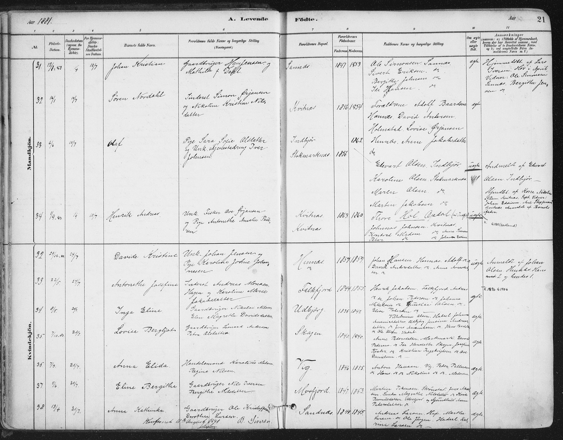 Ministerialprotokoller, klokkerbøker og fødselsregistre - Nordland, AV/SAT-A-1459/888/L1244: Parish register (official) no. 888A10, 1880-1890, p. 21