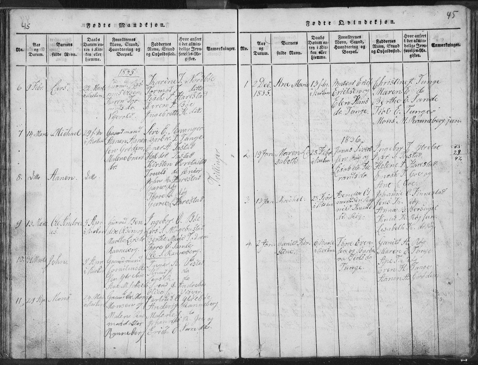 Hetland sokneprestkontor, SAST/A-101826/30/30BA/L0001: Parish register (official) no. A 1, 1816-1856, p. 45
