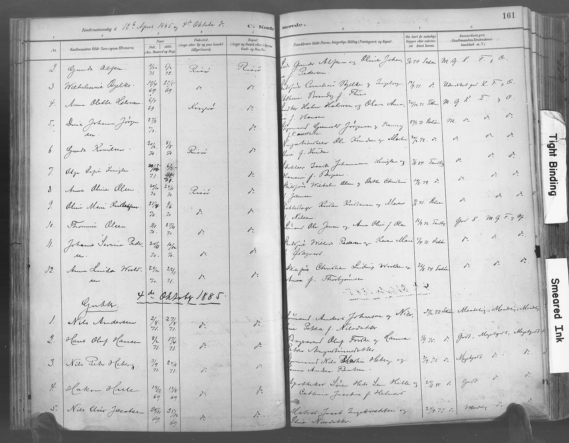 Risør sokneprestkontor, AV/SAK-1111-0035/F/Fa/L0005: Parish register (official) no. A 5, 1883-1895, p. 161