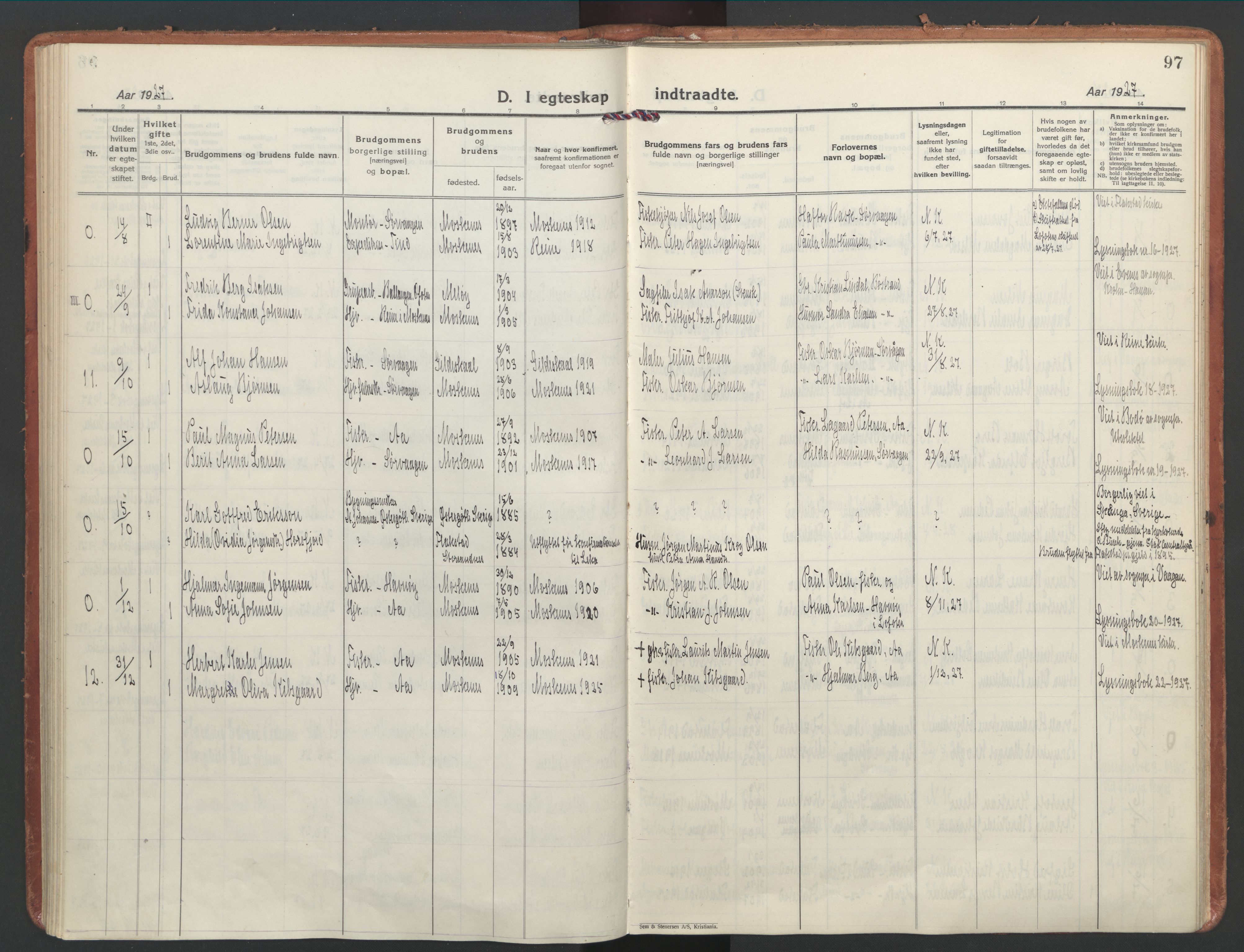 Ministerialprotokoller, klokkerbøker og fødselsregistre - Nordland, AV/SAT-A-1459/886/L1223: Parish register (official) no. 886A05, 1926-1938, p. 97