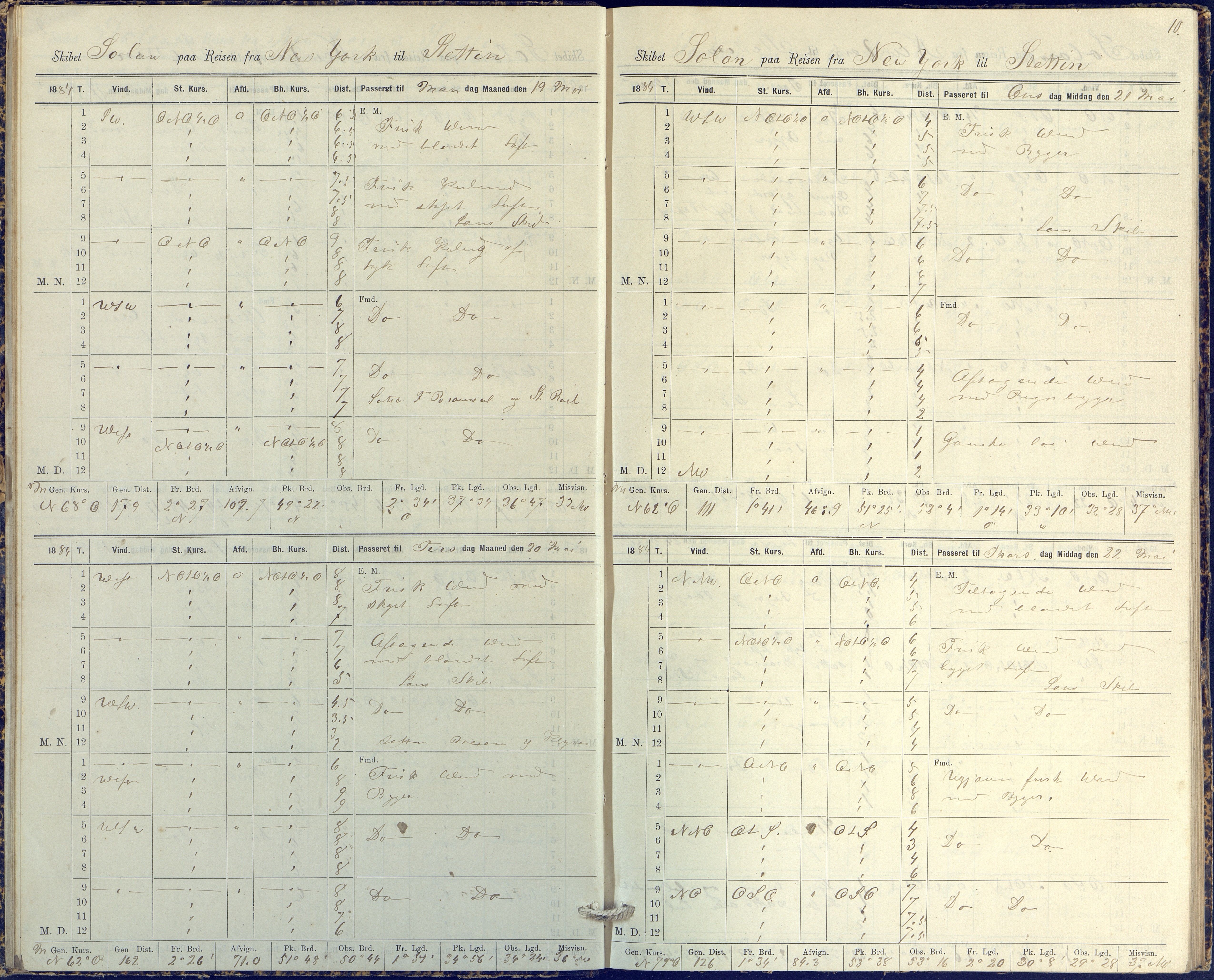 Fartøysarkivet, AAKS/PA-1934/F/L0331/0003: Solon (fregatt) / Solon (fregatt) skipsjournal 1884-1885, 1884-1885, p. 10