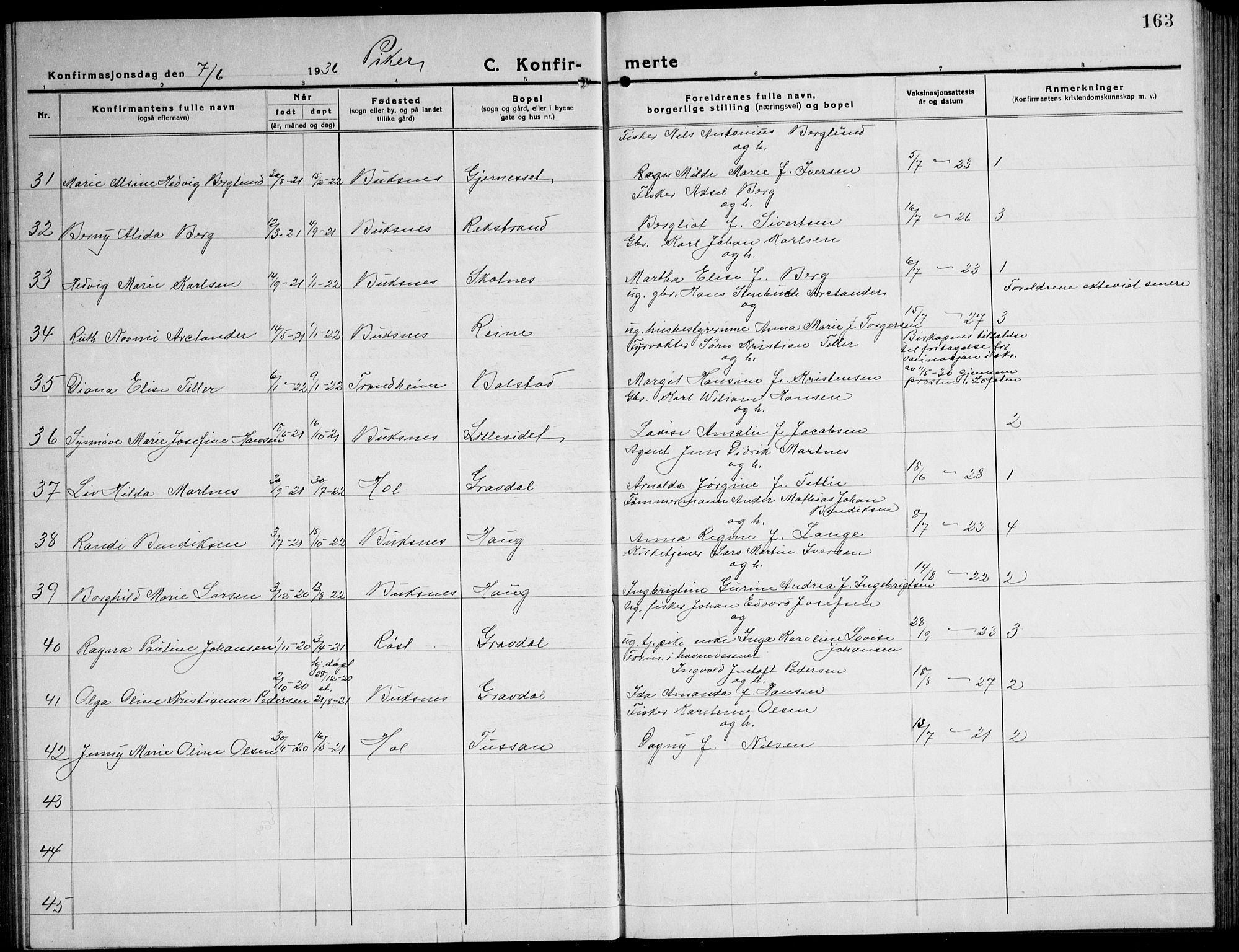 Ministerialprotokoller, klokkerbøker og fødselsregistre - Nordland, AV/SAT-A-1459/881/L1170: Parish register (copy) no. 881C07, 1930-1943, p. 163