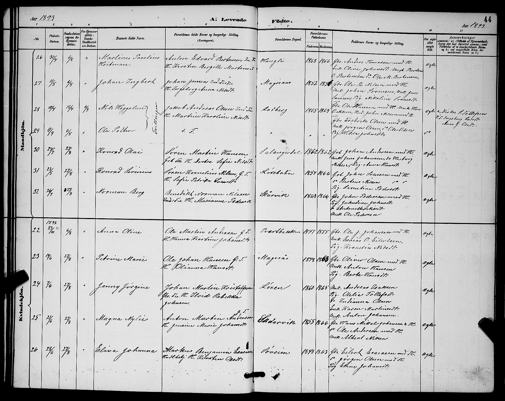 Ibestad sokneprestembete, AV/SATØ-S-0077/H/Ha/Hab/L0015klokker: Parish register (copy) no. 15, 1888-1899, p. 44