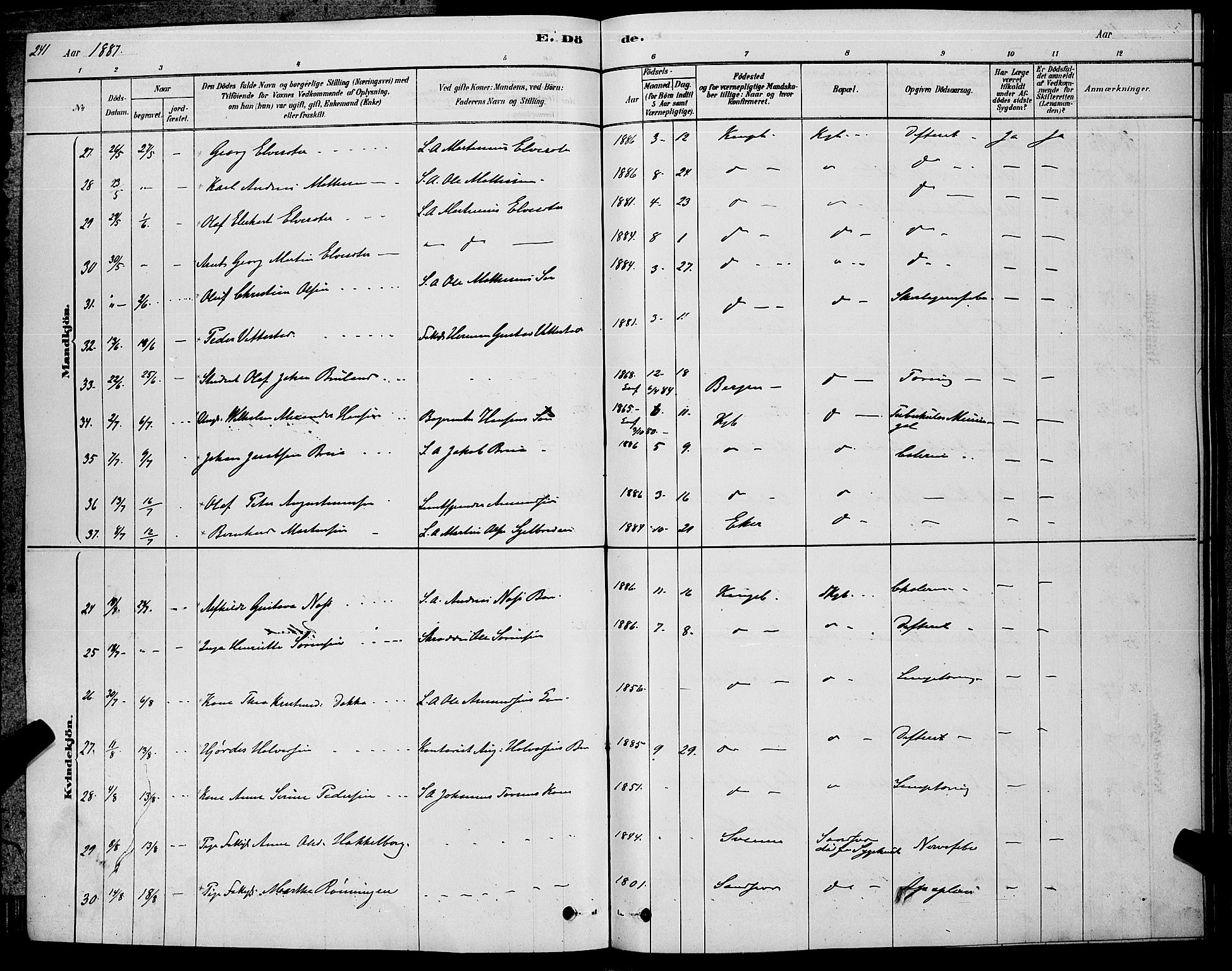 Kongsberg kirkebøker, AV/SAKO-A-22/G/Ga/L0005: Parish register (copy) no. 5, 1878-1889, p. 241