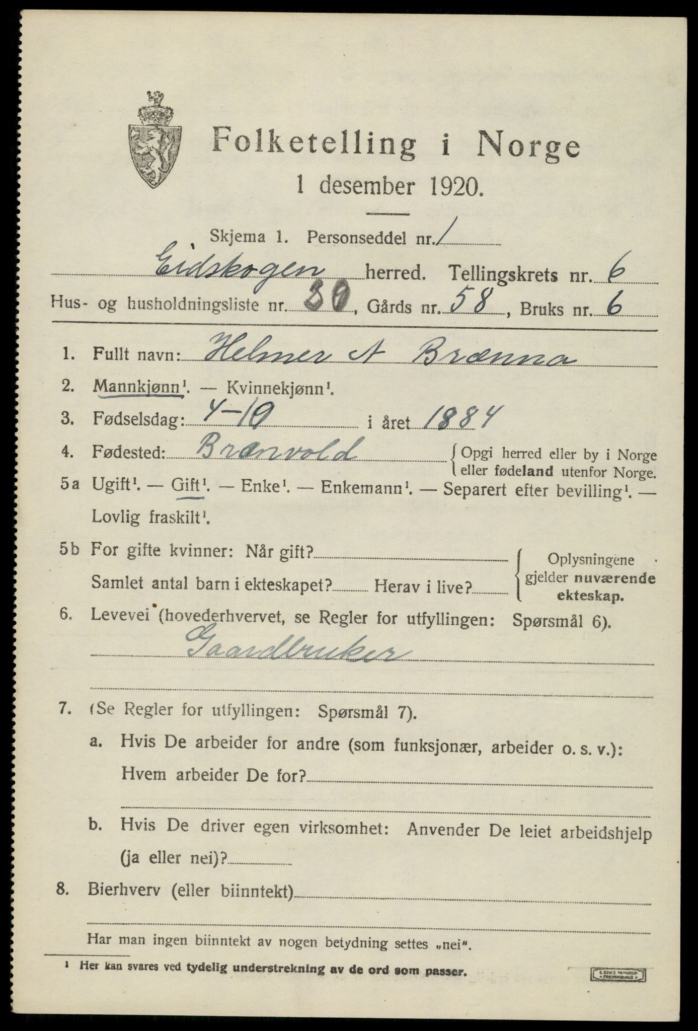 SAH, 1920 census for Eidskog, 1920, p. 6723