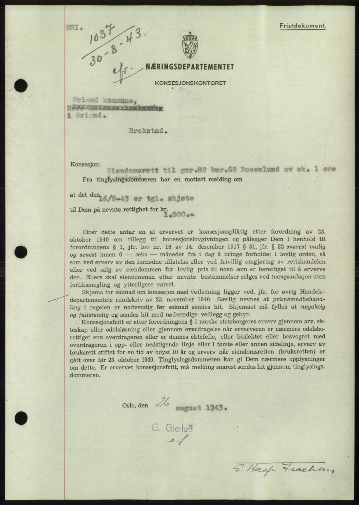 Fosen sorenskriveri, AV/SAT-A-1107/1/2/2C: Mortgage book no. B1, 1943-1946, Diary no: : 1037/1943