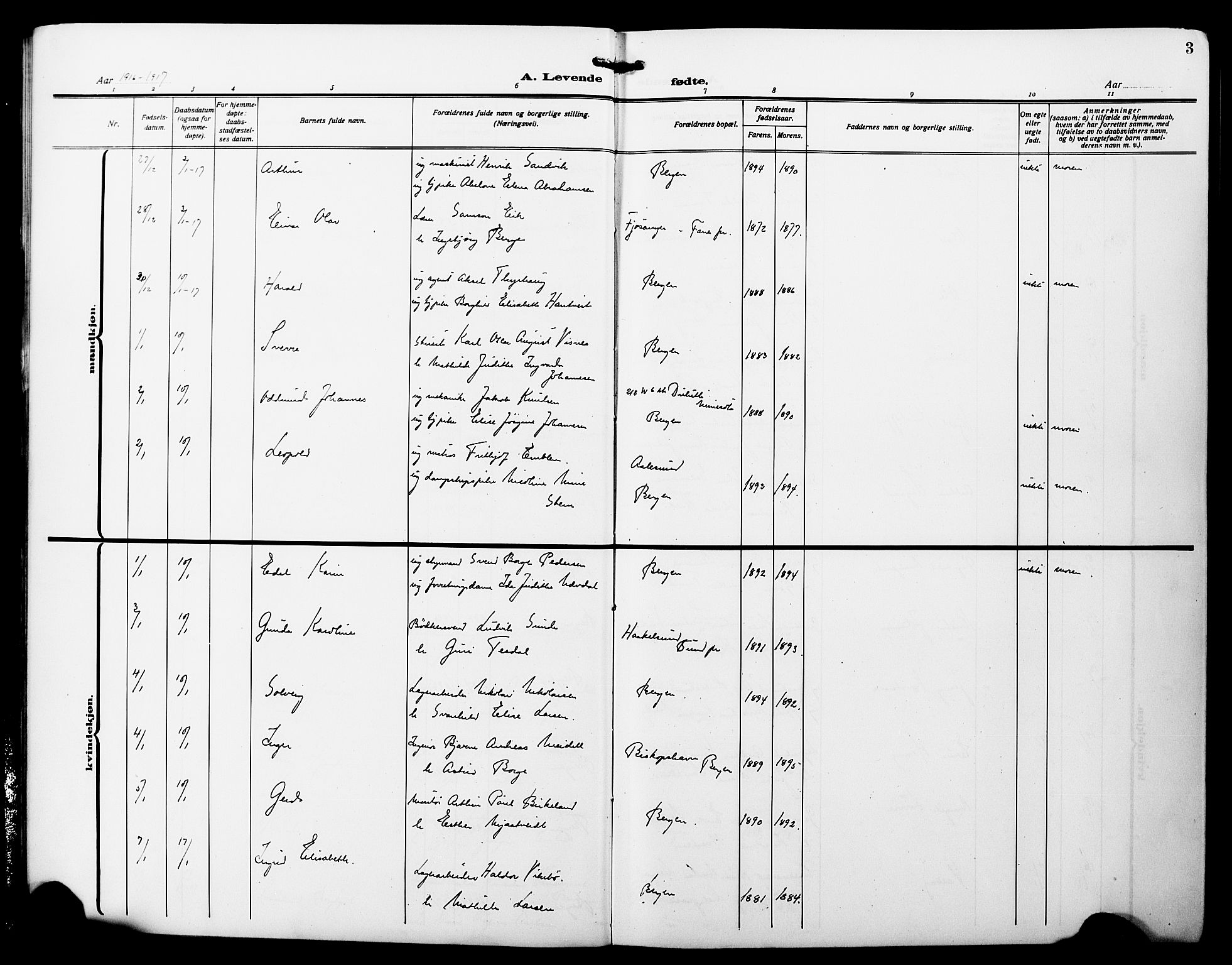 Fødselsstiftelsens sokneprestembete*, SAB/-: Parish register (copy) no. A 3, 1916-1925, p. 3