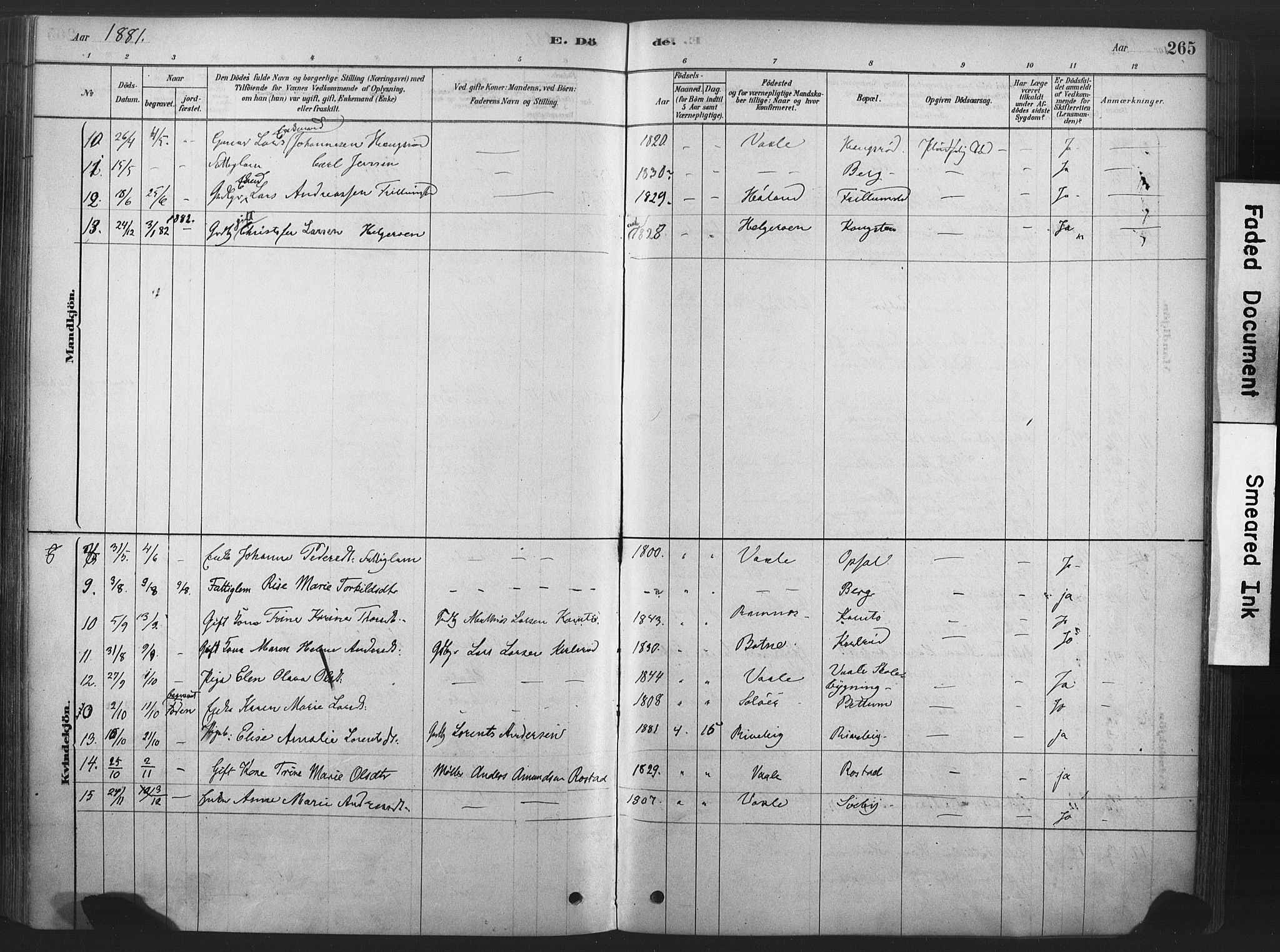 Våle kirkebøker, AV/SAKO-A-334/F/Fa/L0011: Parish register (official) no. I 11, 1878-1906, p. 265