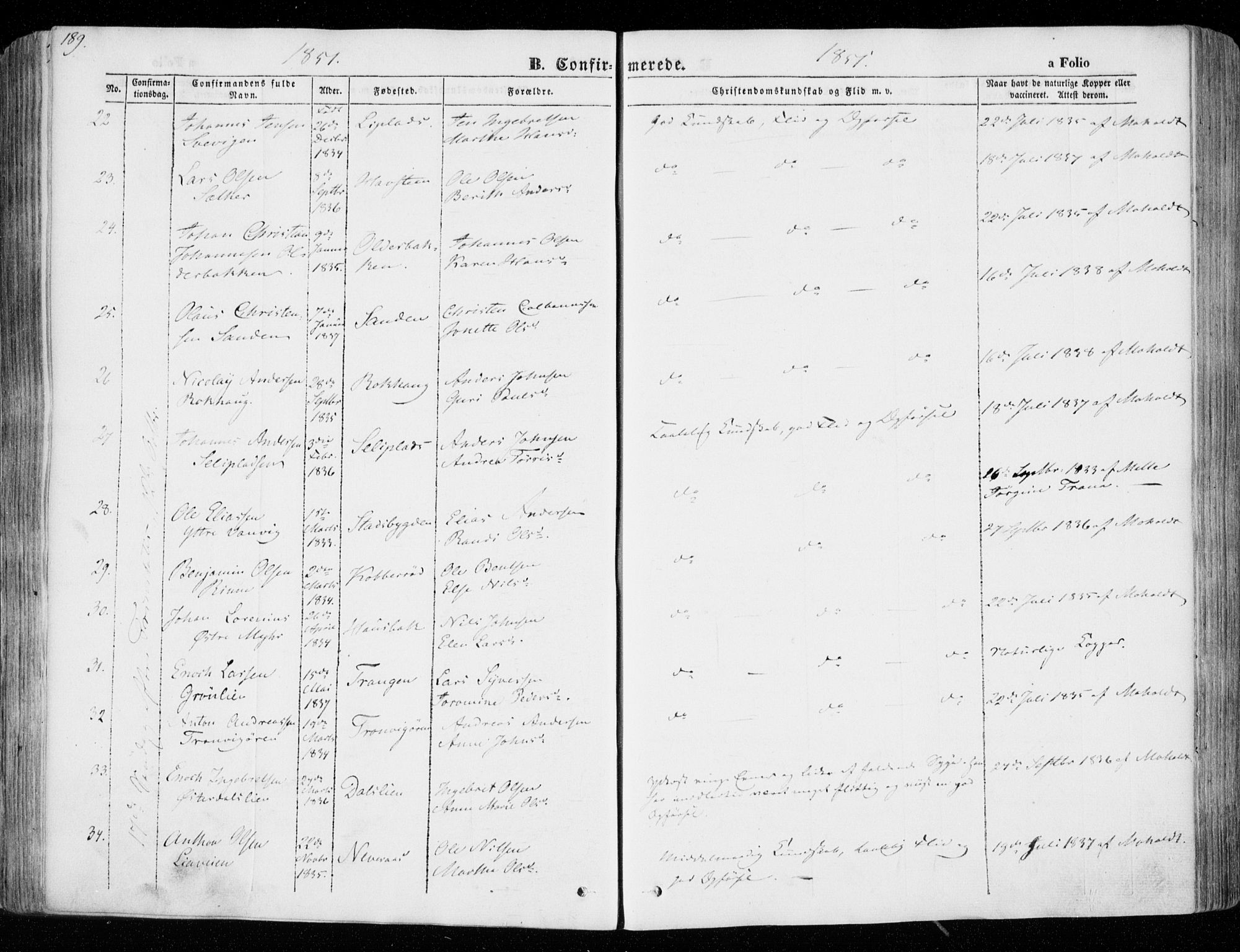 Ministerialprotokoller, klokkerbøker og fødselsregistre - Nord-Trøndelag, SAT/A-1458/701/L0007: Parish register (official) no. 701A07 /1, 1842-1854, p. 189