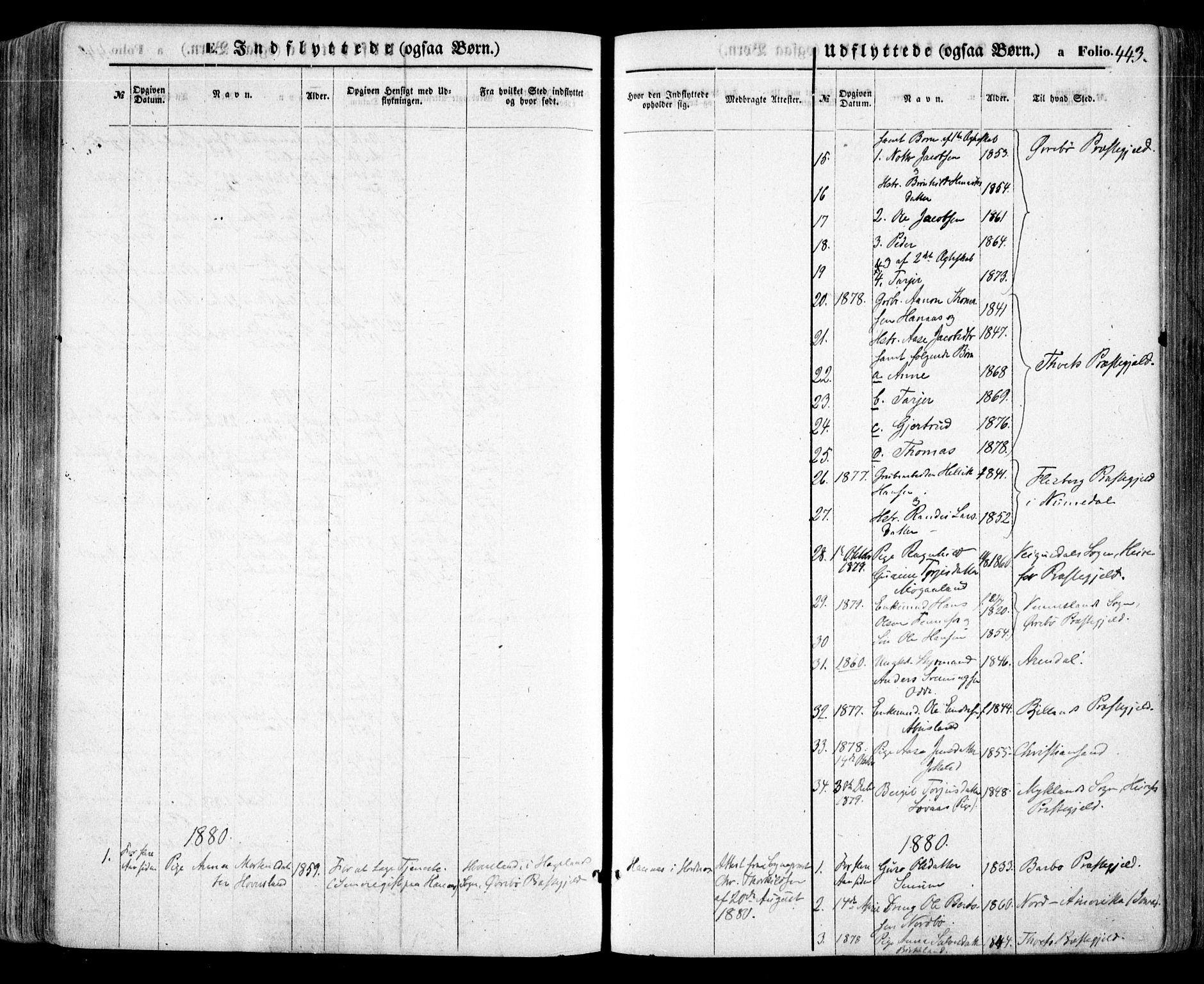 Evje sokneprestkontor, AV/SAK-1111-0008/F/Fa/Faa/L0006: Parish register (official) no. A 6, 1866-1884, p. 443