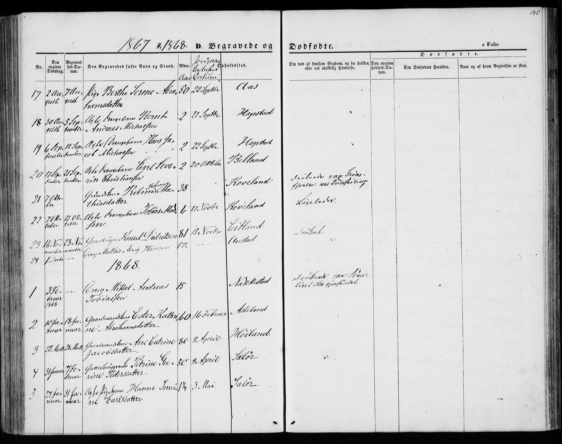 Lyngdal sokneprestkontor, SAK/1111-0029/F/Fa/Faa/L0002: Parish register (official) no. A 2, 1858-1870, p. 145