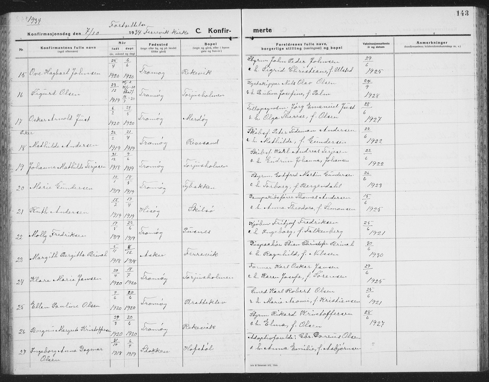 Tromøy sokneprestkontor, AV/SAK-1111-0041/F/Fb/L0008: Parish register (copy) no. B 8, 1925-1938, p. 143