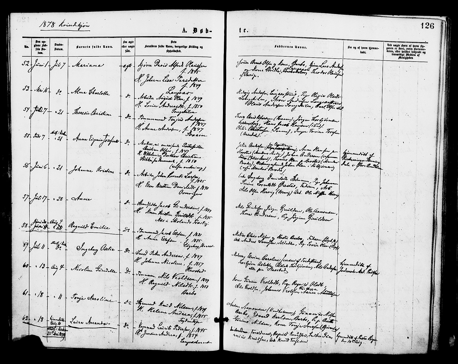 Barbu sokneprestkontor, SAK/1111-0003/F/Fa/L0001: Parish register (official) no. A 1 /1, 1878-1883, p. 126