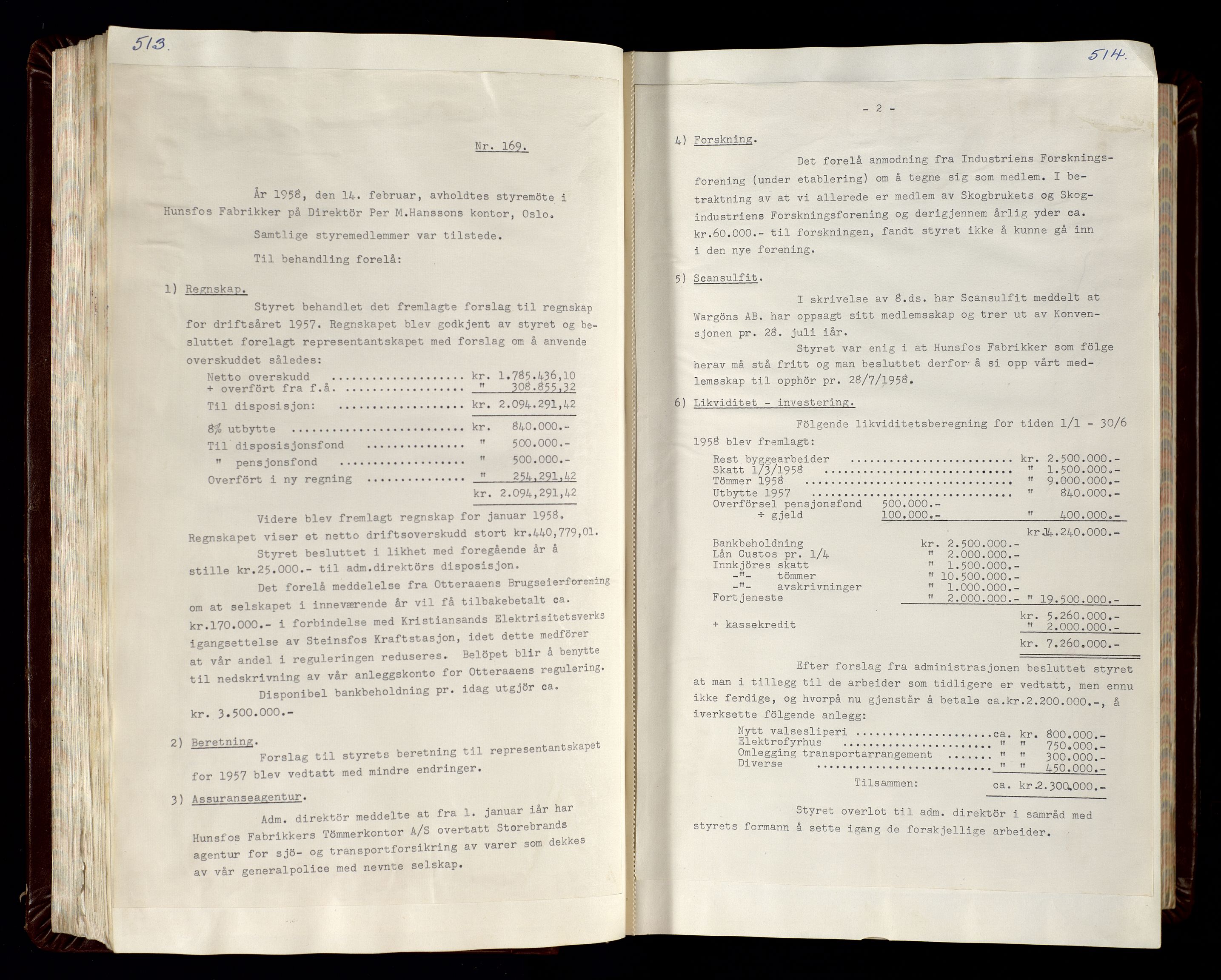 Hunsfos fabrikker, AV/SAK-D/1440/02/L0007: Referatprotokoll fra styremøter (møte nr 114-221), 1951-1964, p. 513-514