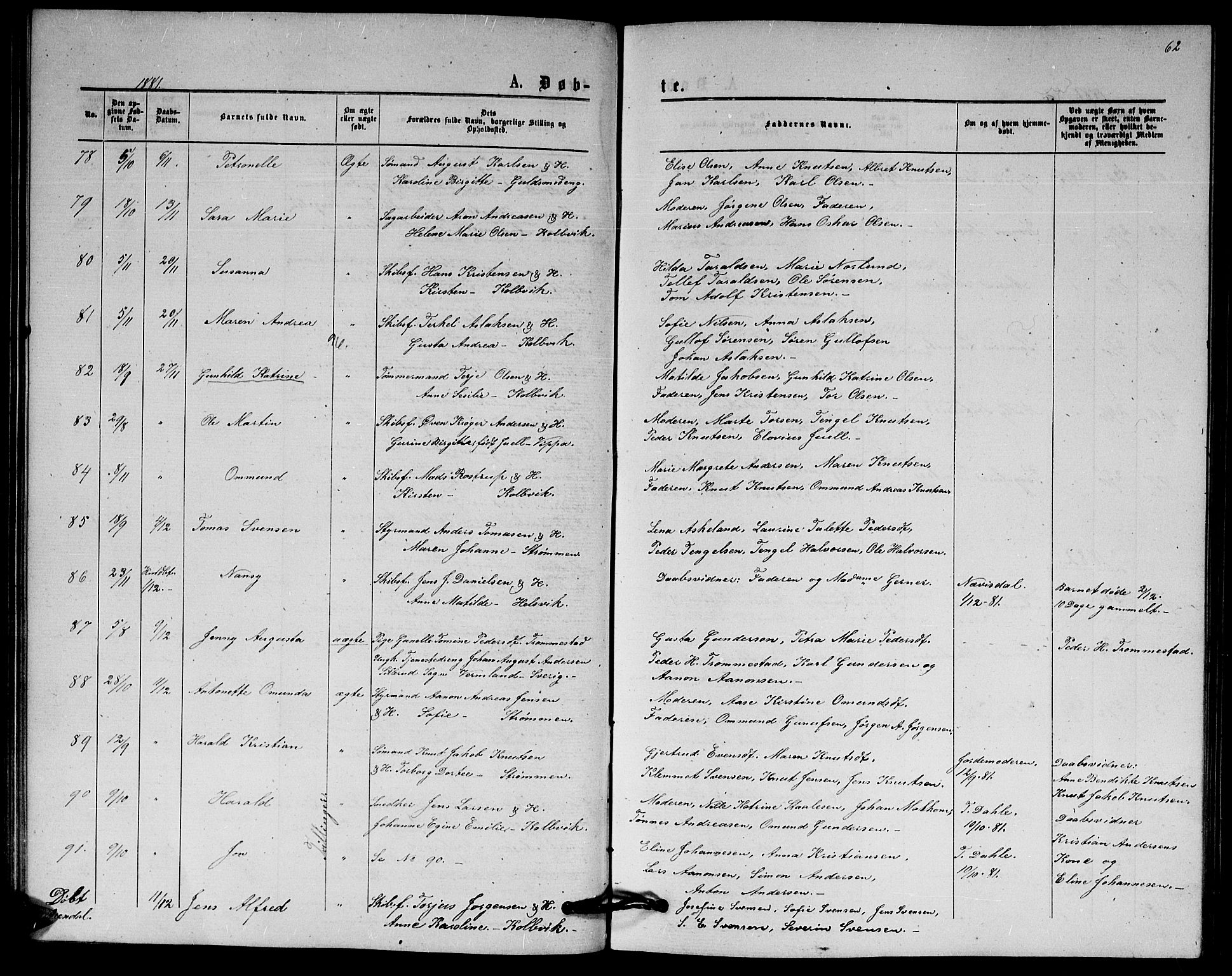 Hisøy sokneprestkontor, AV/SAK-1111-0020/F/Fb/L0002: Parish register (copy) no. B 2, 1873-1885, p. 62