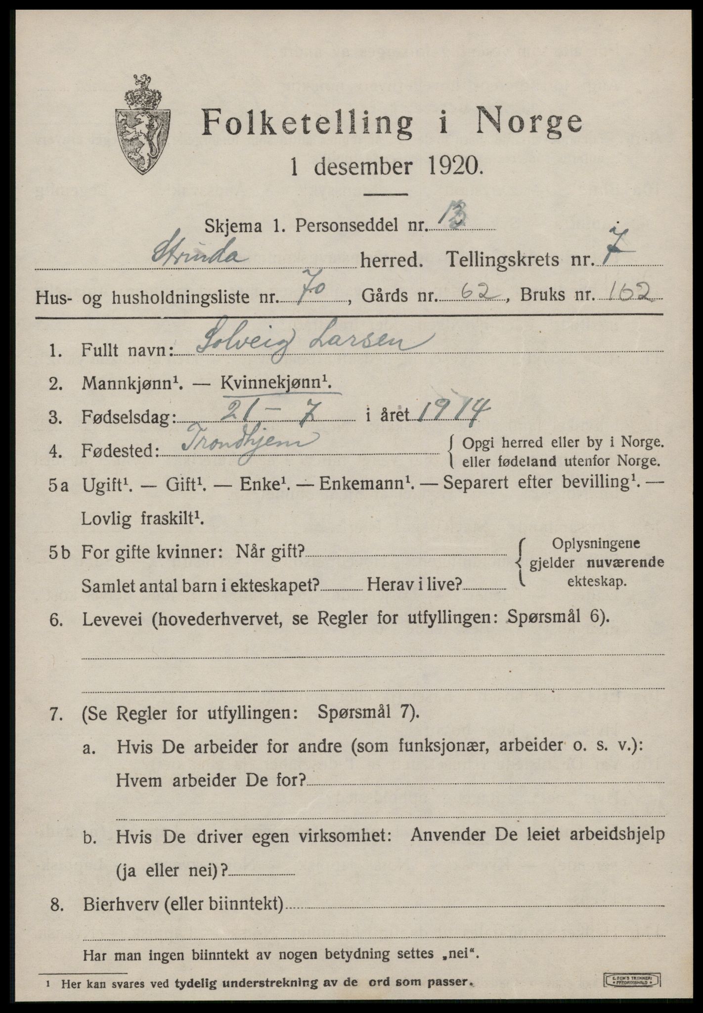 SAT, 1920 census for Strinda, 1920, p. 19460