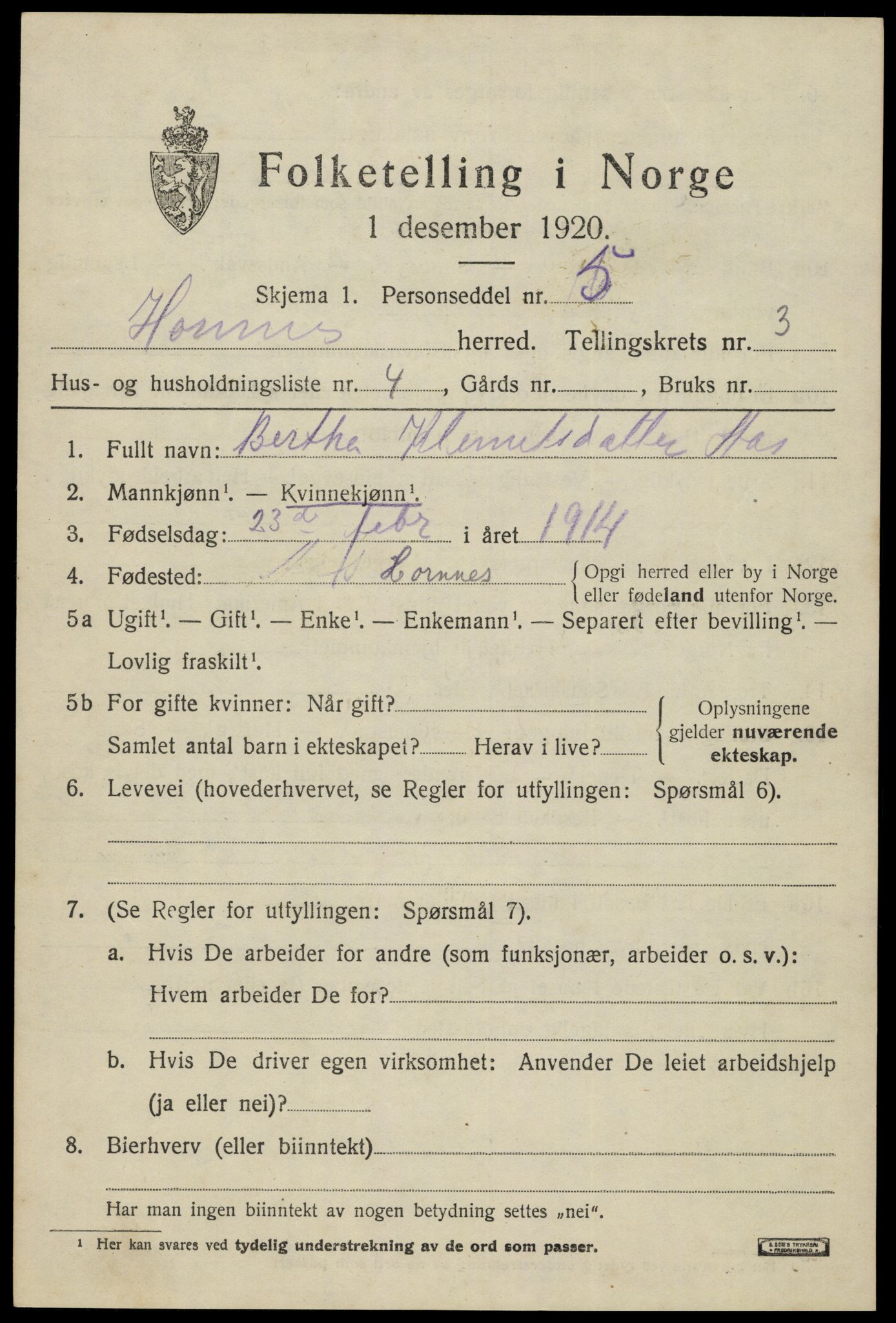 SAK, 1920 census for Hornnes, 1920, p. 833