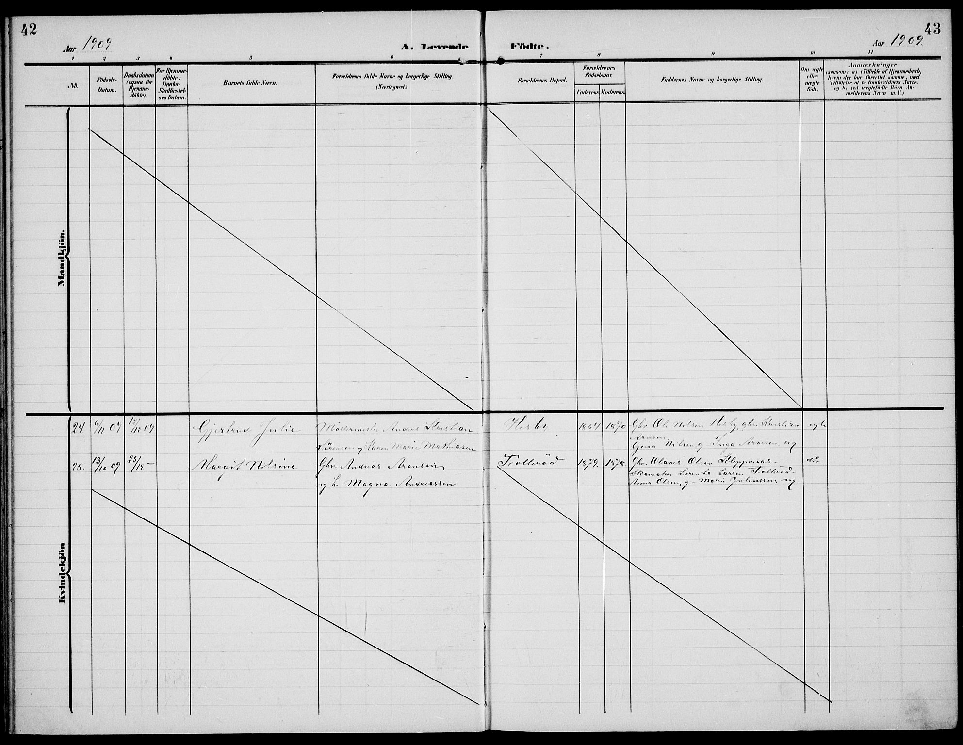 Sem kirkebøker, AV/SAKO-A-5/F/Fa/L0012: Parish register (official) no. I 12, 1905-1915, p. 42-43