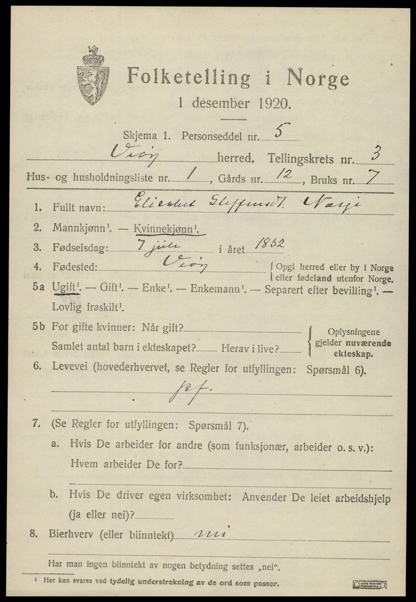 SAT, 1920 census for Veøy, 1920, p. 1447