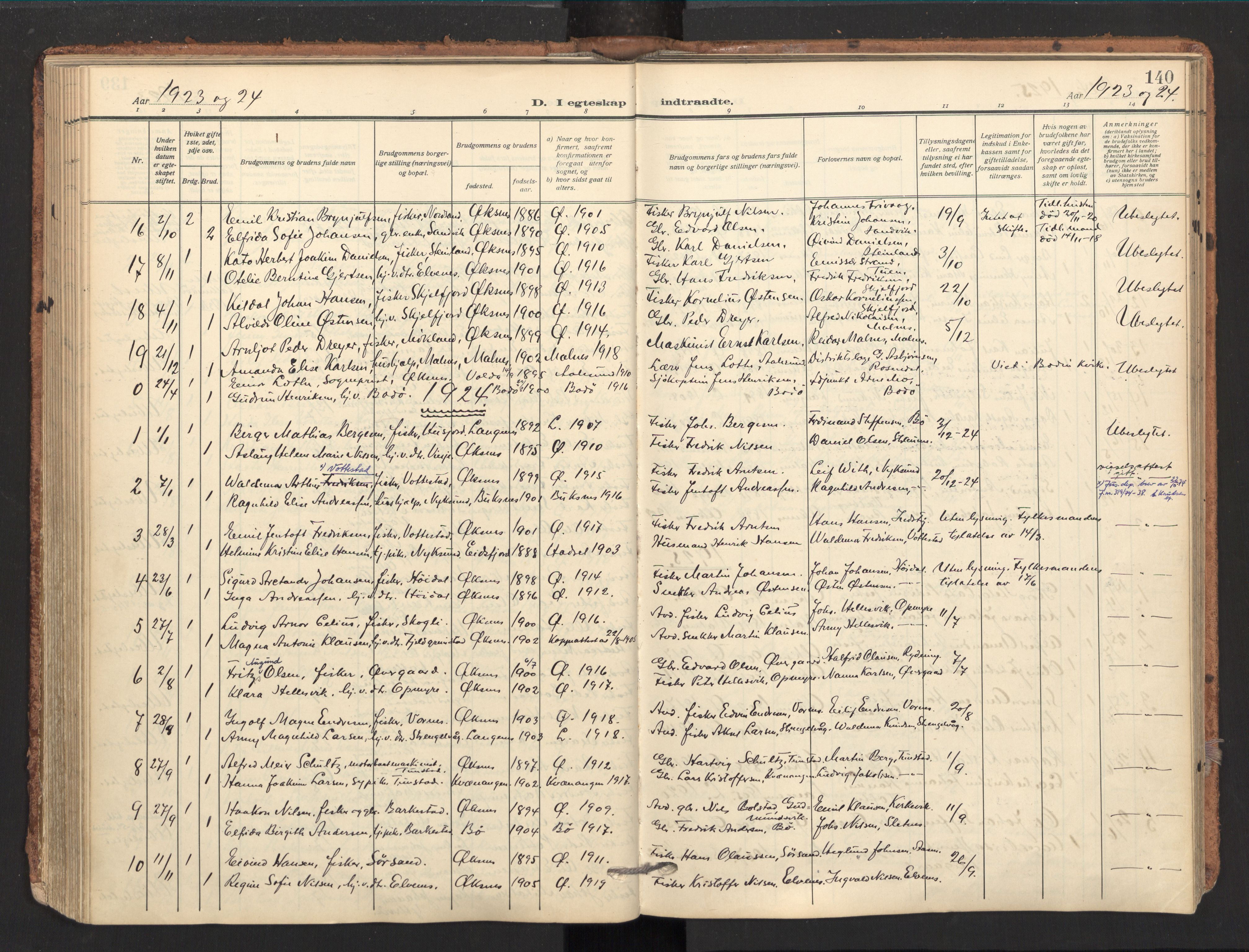 Ministerialprotokoller, klokkerbøker og fødselsregistre - Nordland, AV/SAT-A-1459/893/L1343: Parish register (official) no. 893A15, 1914-1928, p. 140