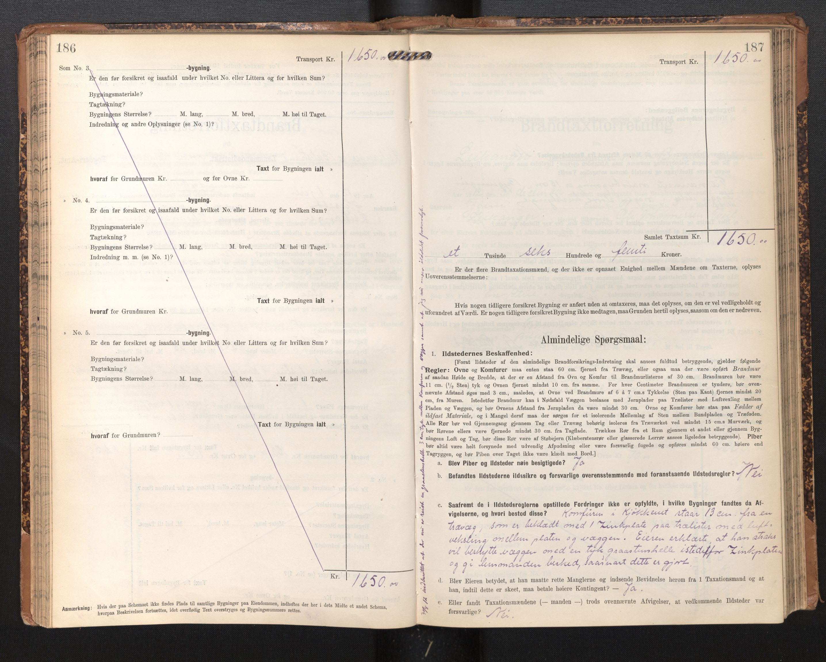 Lensmannen i Leikanger, AV/SAB-A-29201/0012/L0005: Branntakstprotokoll, skjematakst, 1907-1917, p. 186-187