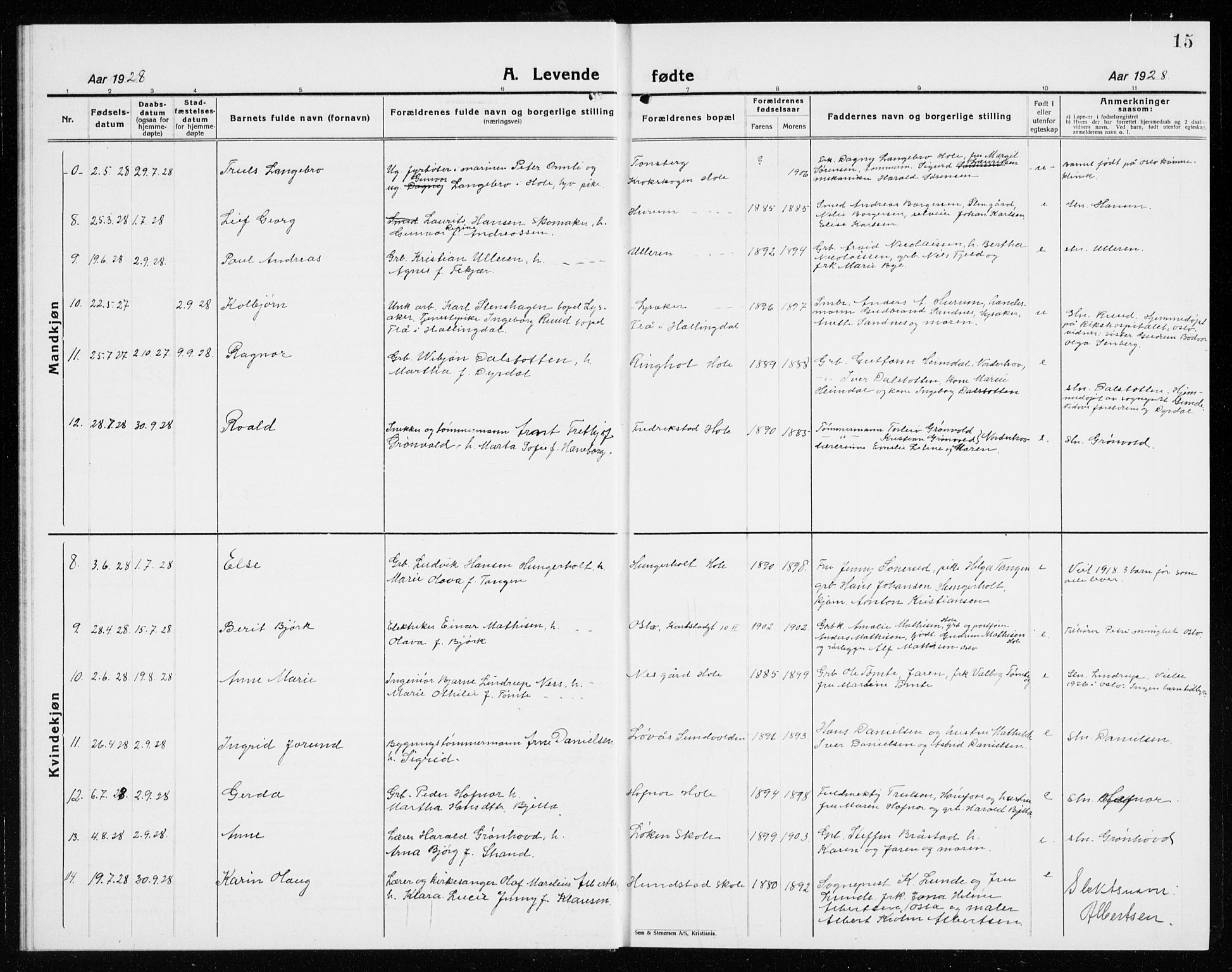 Hole kirkebøker, AV/SAKO-A-228/G/Ga/L0005: Parish register (copy) no. I 5, 1924-1938, p. 15