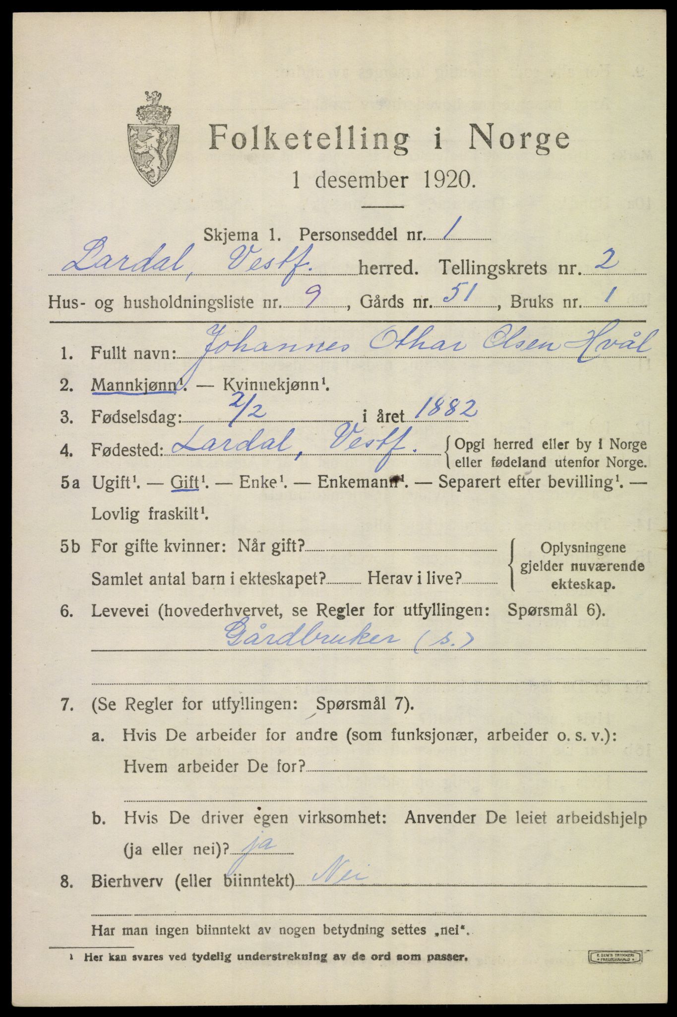 SAKO, 1920 census for Lardal, 1920, p. 2053