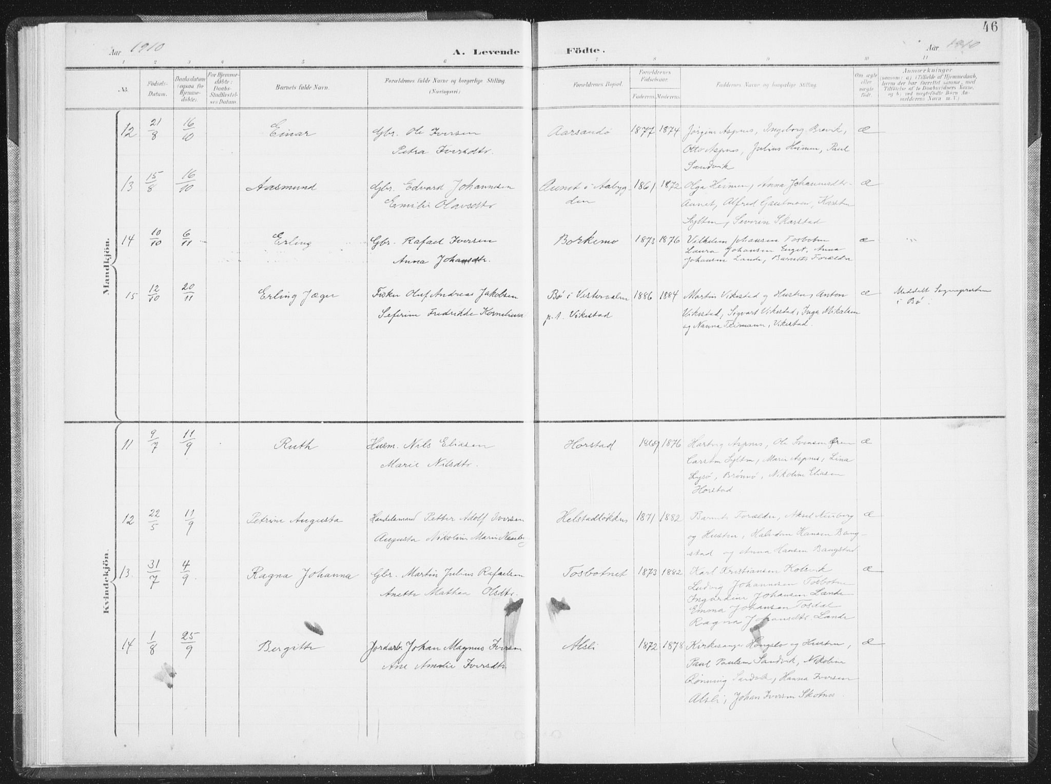 Ministerialprotokoller, klokkerbøker og fødselsregistre - Nordland, AV/SAT-A-1459/810/L0153: Parish register (official) no. 810A12, 1899-1914, p. 46