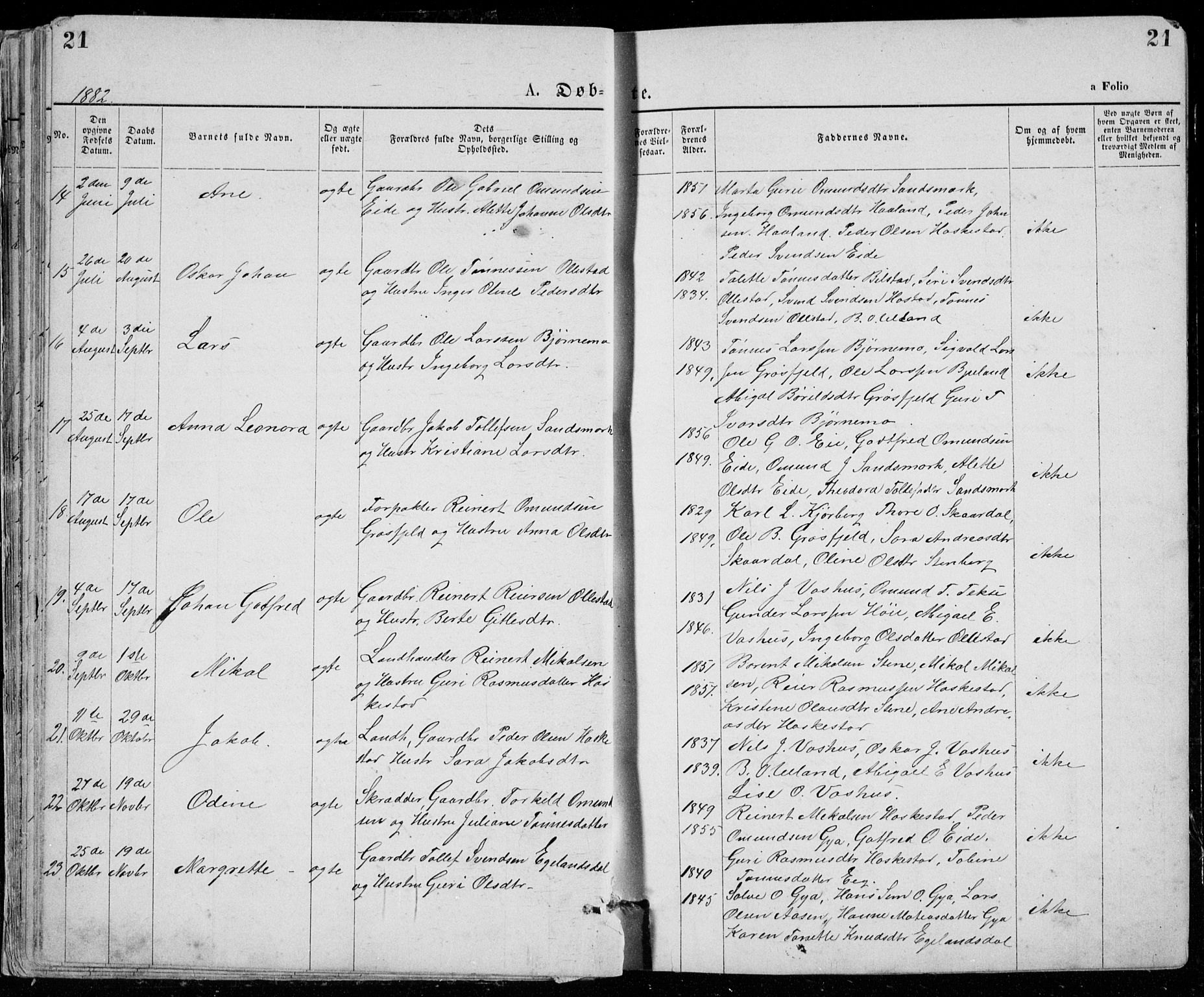 Lund sokneprestkontor, SAST/A-101809/S07/L0005: Parish register (copy) no. B 5, 1875-1889, p. 21