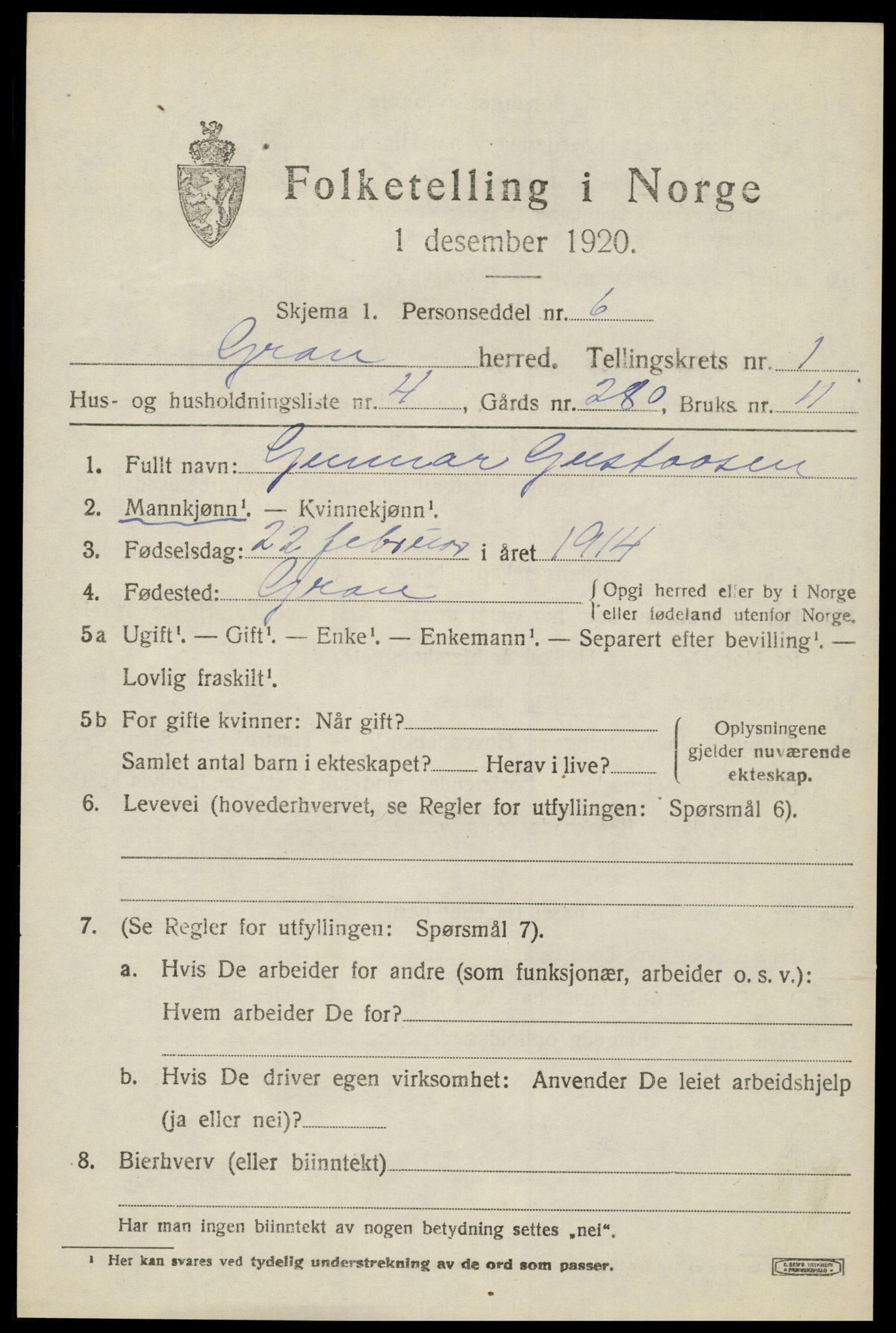 SAH, 1920 census for Gran, 1920, p. 1722