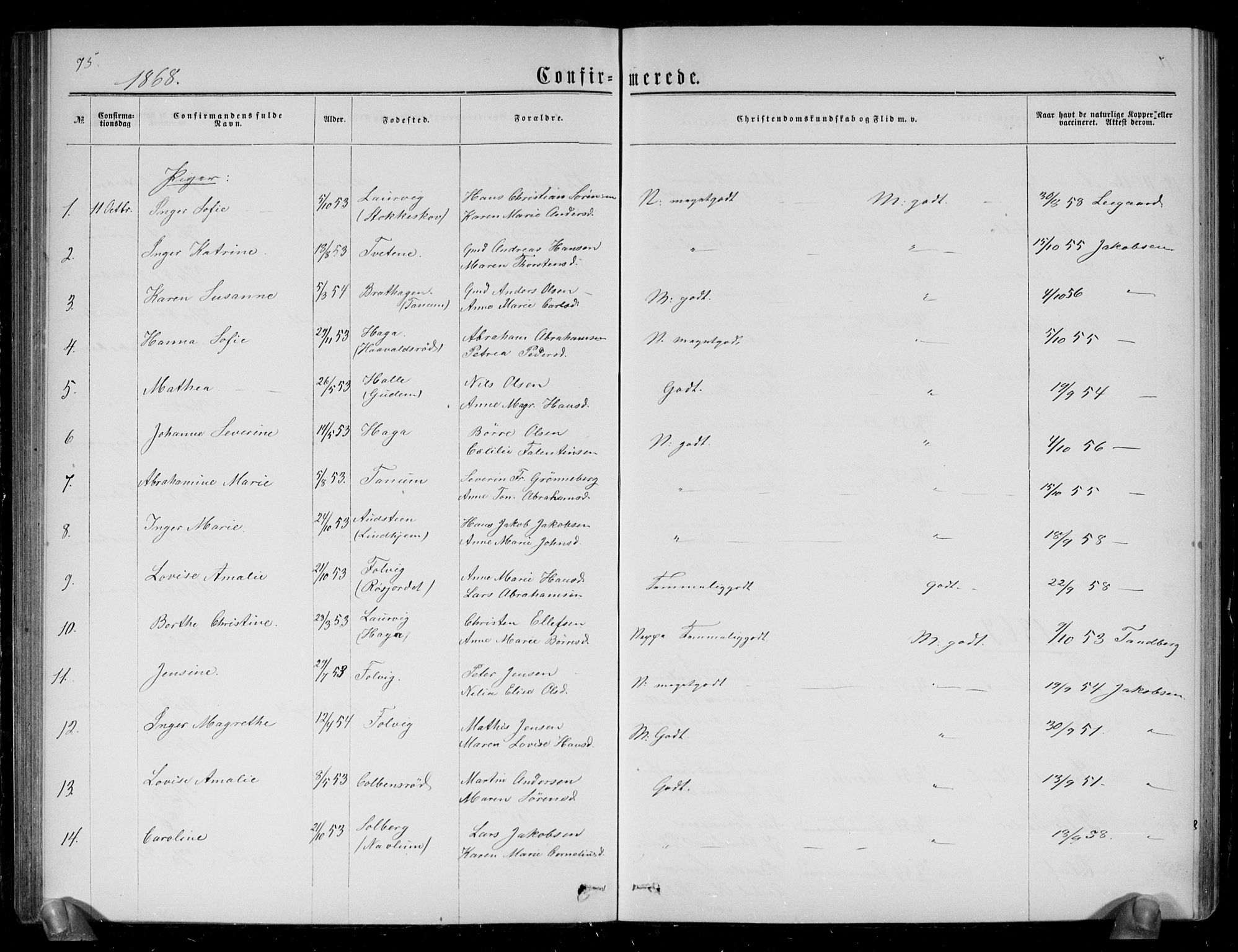 Brunlanes kirkebøker, SAKO/A-342/G/Ga/L0002: Parish register (copy) no. I 2, 1866-1876, p. 75