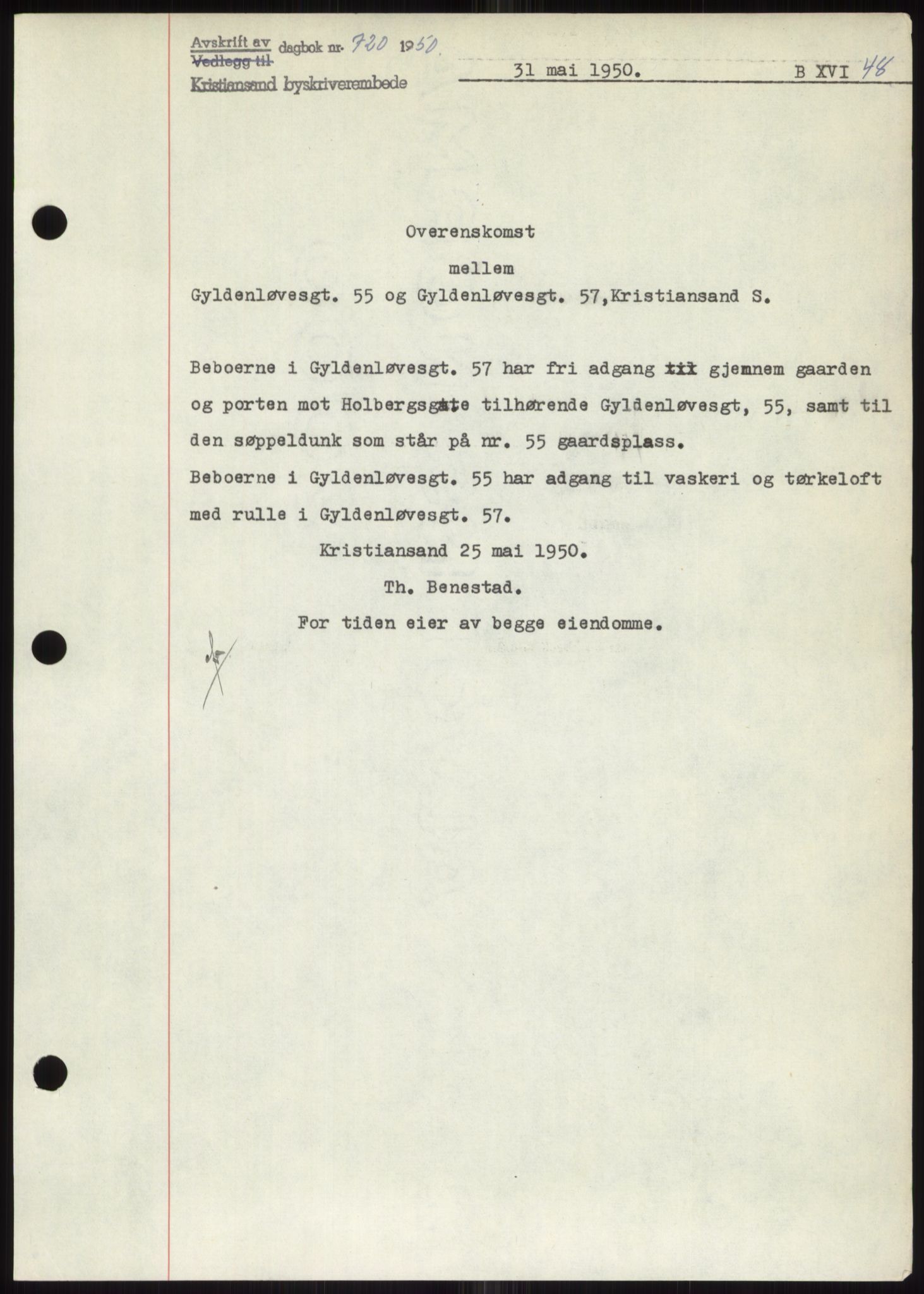 Kristiansand byrett, AV/SAK-1223-0001/G/Gb/Gbb/L0013: Mortgage book no. B 16, 1950-1950, Diary no: : 720/1950