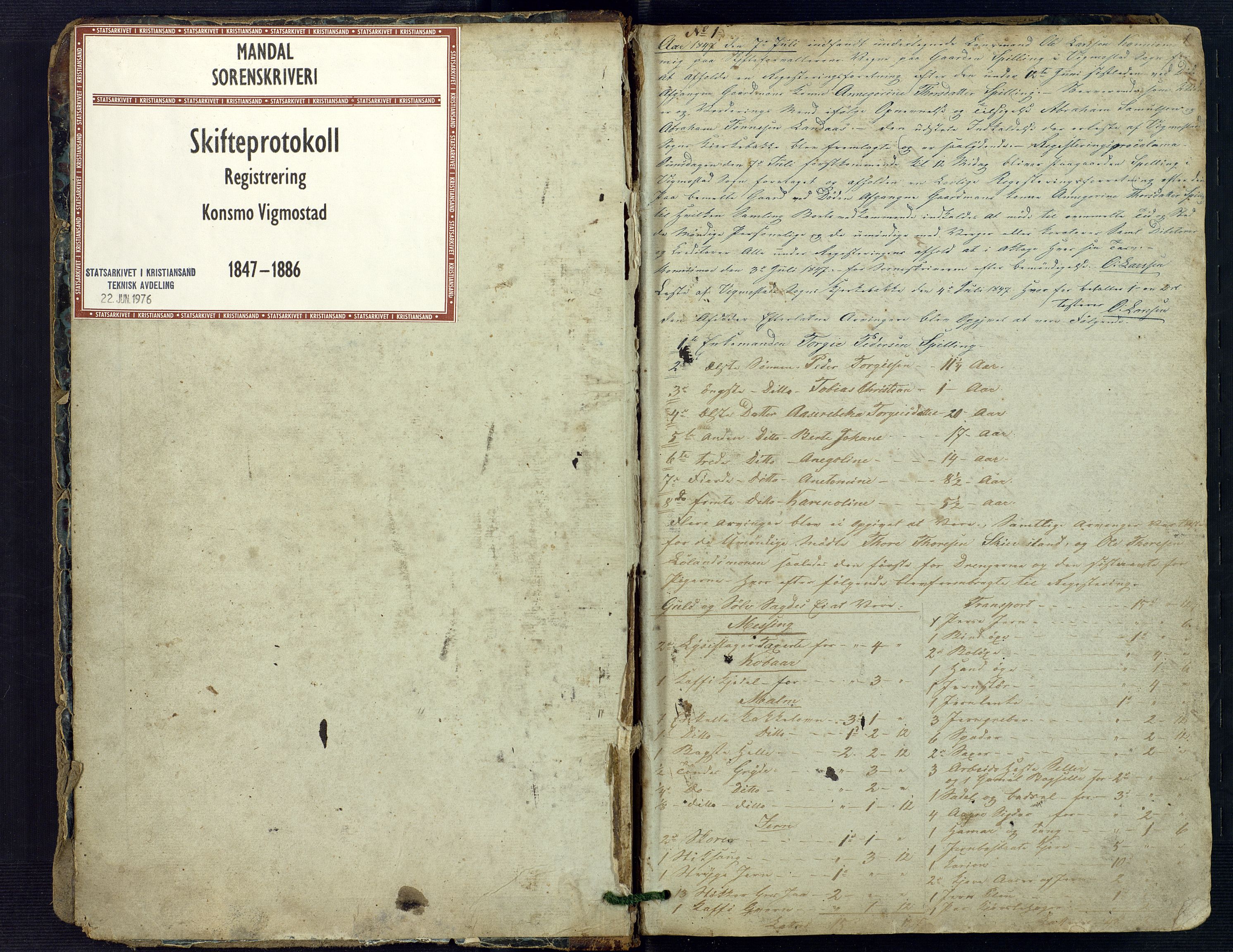 Mandal sorenskriveri, SAK/1221-0005/001/H/Hc/L0054: Skifteregistreringsprotokoll nr 10 Konsmo og Vigmostad, 1847-1886, p. 1