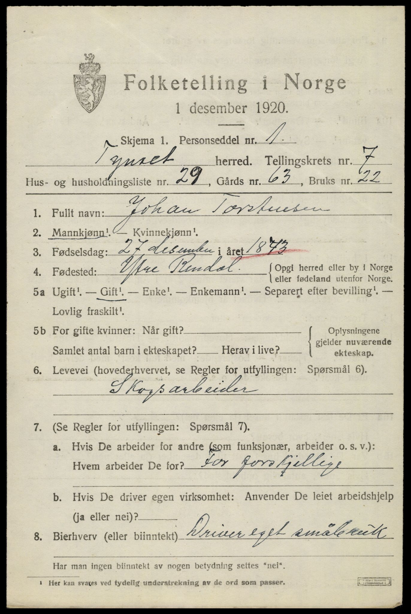 SAH, 1920 census for Tynset, 1920, p. 6494