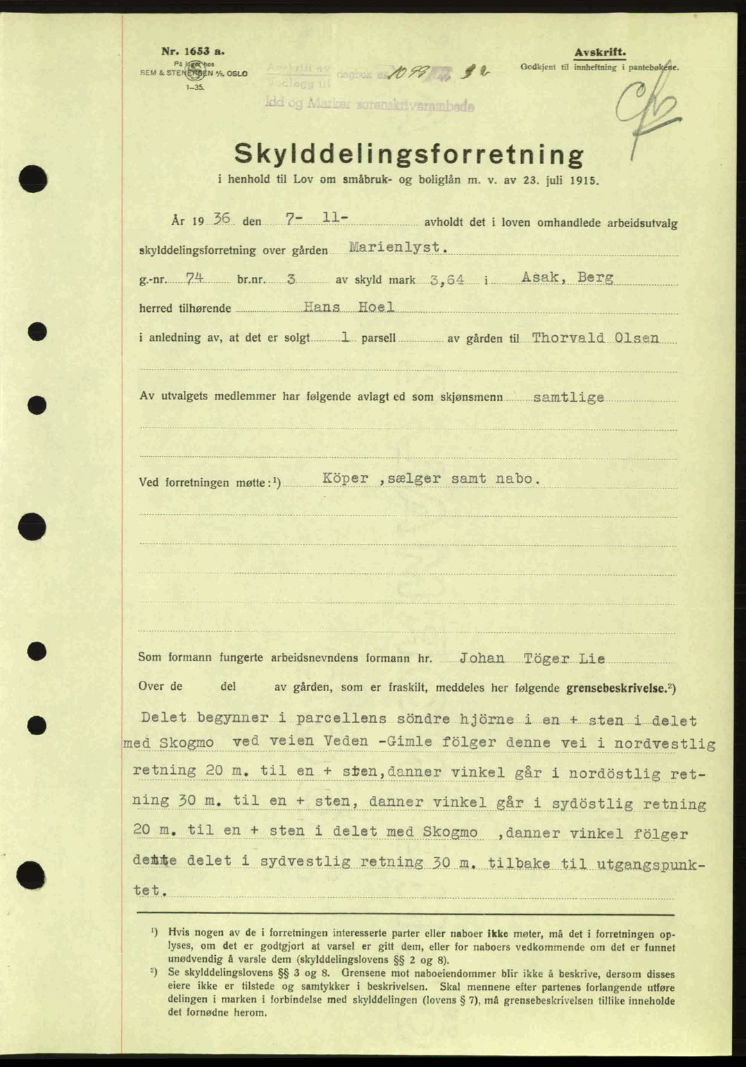 Idd og Marker sorenskriveri, AV/SAO-A-10283/G/Gb/Gbb/L0001: Mortgage book no. A1, 1936-1937, Diary no: : 1099/1936