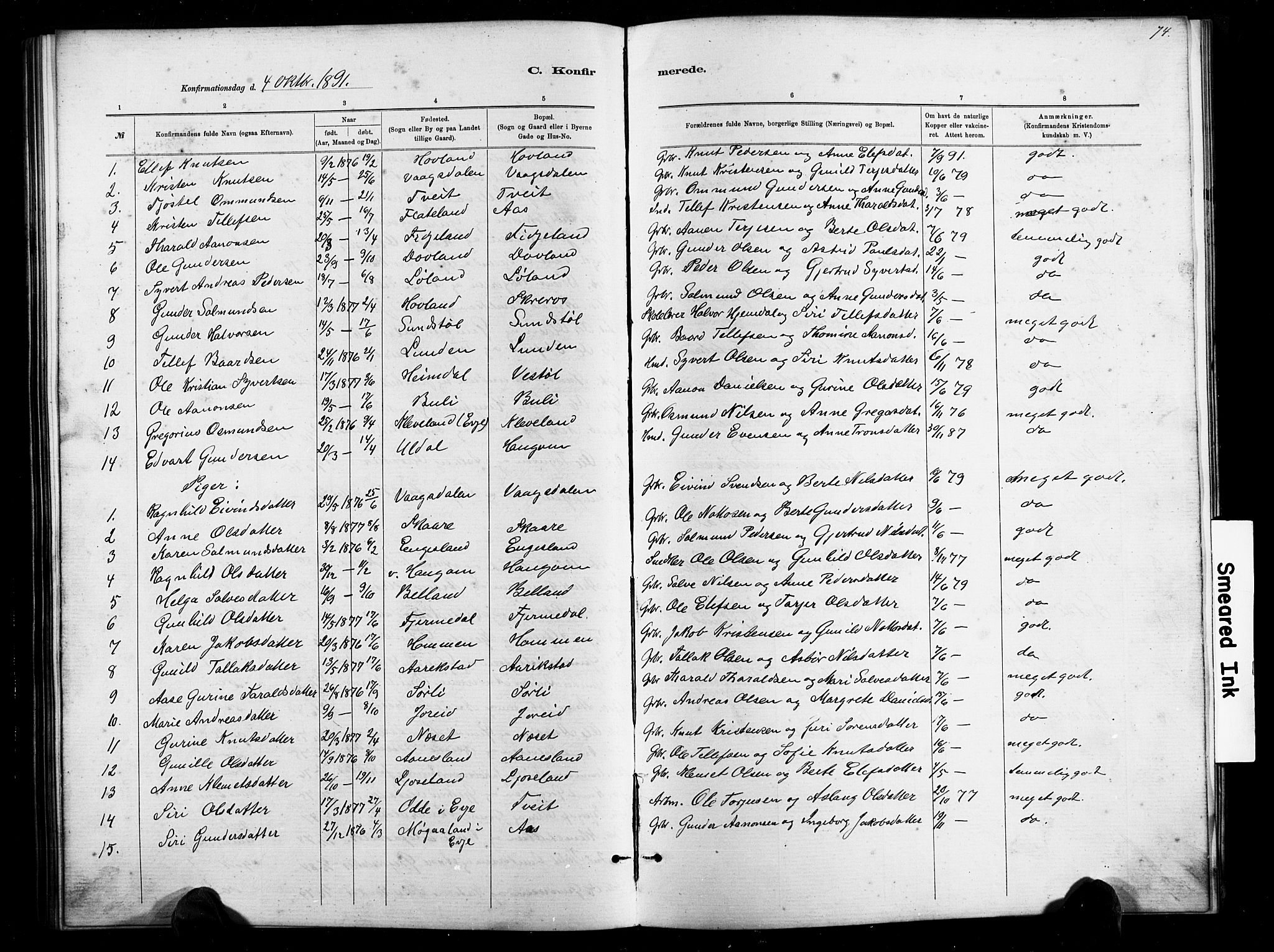 Herefoss sokneprestkontor, SAK/1111-0019/F/Fb/Fbb/L0002: Parish register (copy) no. B 2, 1879-1894, p. 74