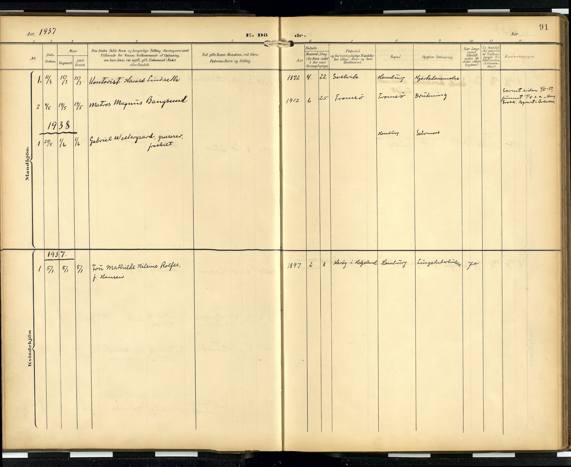 Den norske sjømannsmisjon i utlandet/Hamburg, AV/SAB-SAB/PA-0107/H/Ha/L0001: Parish register (official) no. A 1, 1907-1951, p. 90b-91a