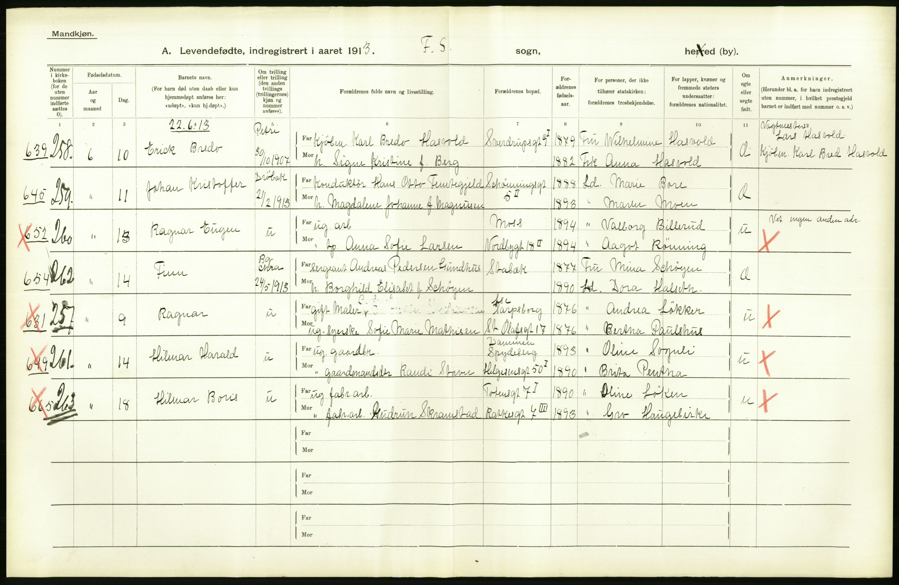 Statistisk sentralbyrå, Sosiodemografiske emner, Befolkning, AV/RA-S-2228/D/Df/Dfb/Dfbc/L0007: Kristiania: Levendefødte menn og kvinner., 1913, p. 84